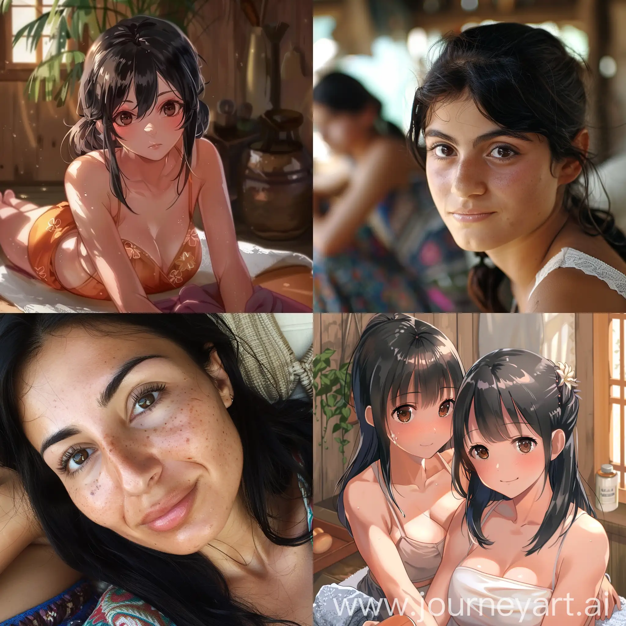 Красивые смуглые армянские девушки с черными волосами и карими глазами на сеансе массажа