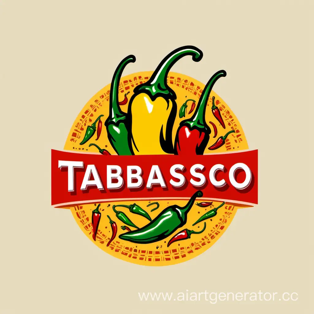 draw a logo with the name in the middle "Tabasco" in yellow, left and right chili peppers small red, the image should be on a white background, size 1200x500.