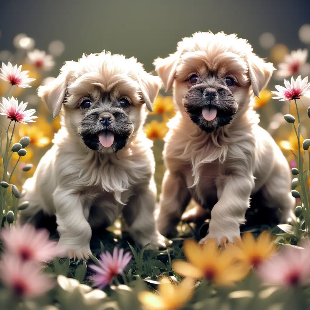 Fluffy Puppies Frolicking in a Field of Flowers