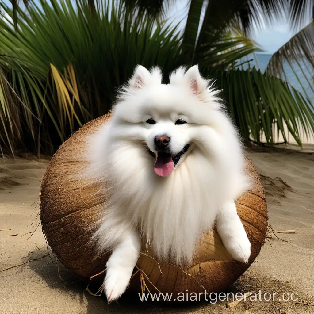 Adorable-Samoyed-Dog-Posing-Playfully-with-Tropical-Coconut