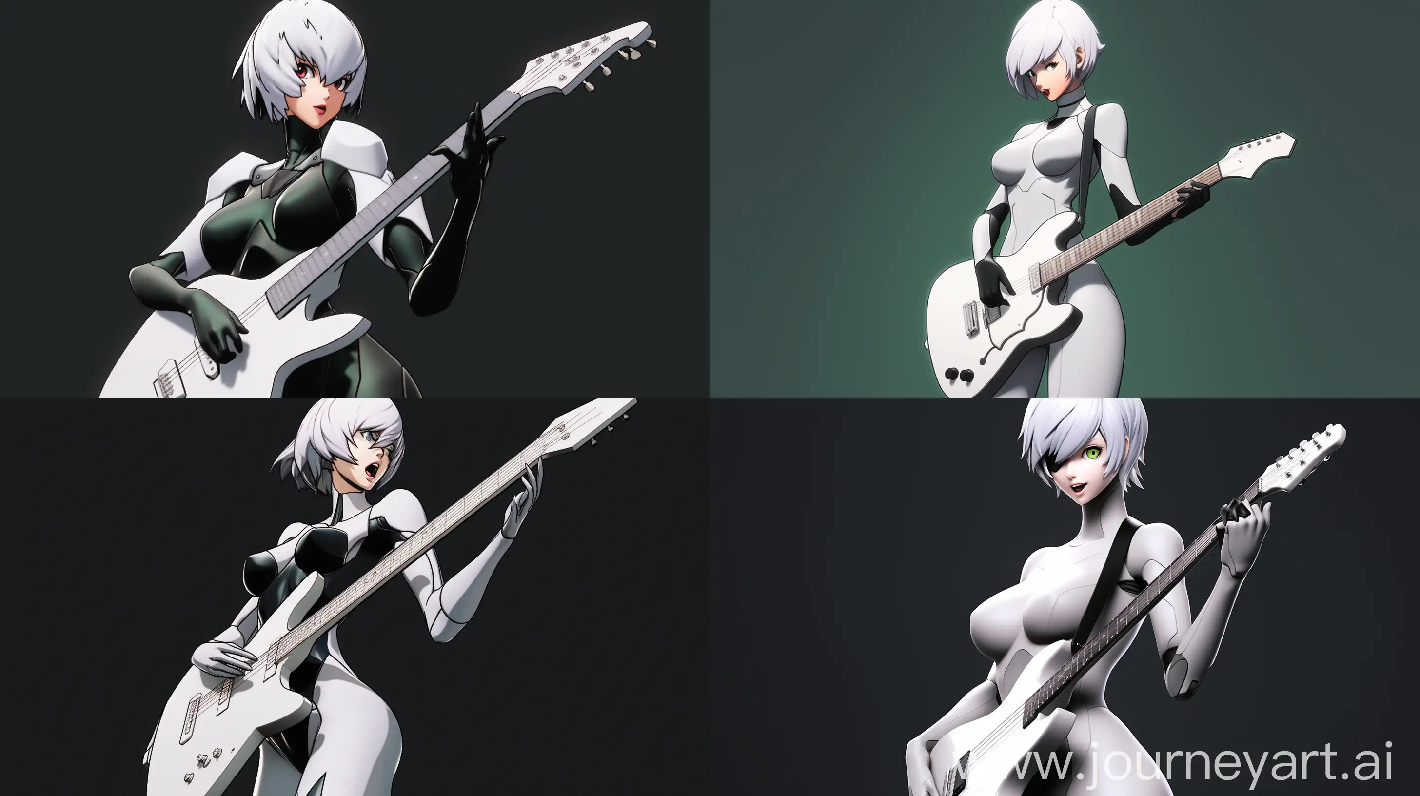EVA 00, rei ayanami with white hair and a black bodysuit plays a green electric guitar. , dynamic angle, wind, hyper, masterpiece, ultimate details, --ar 16:9 --s 90 --style expressive --niji 5