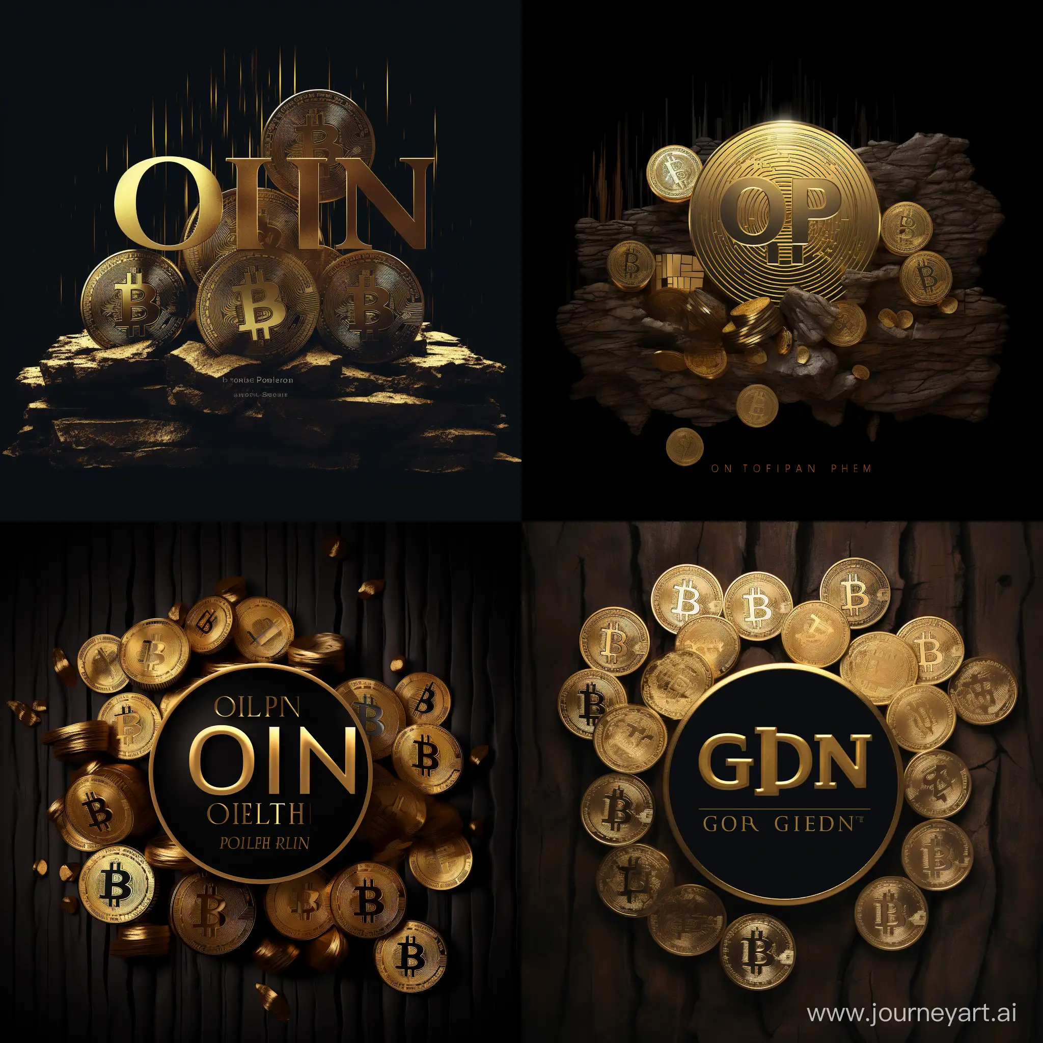 gold logo, text "GOLDEN OPT", joint, black wood bg, around piles of gold bitcoins
