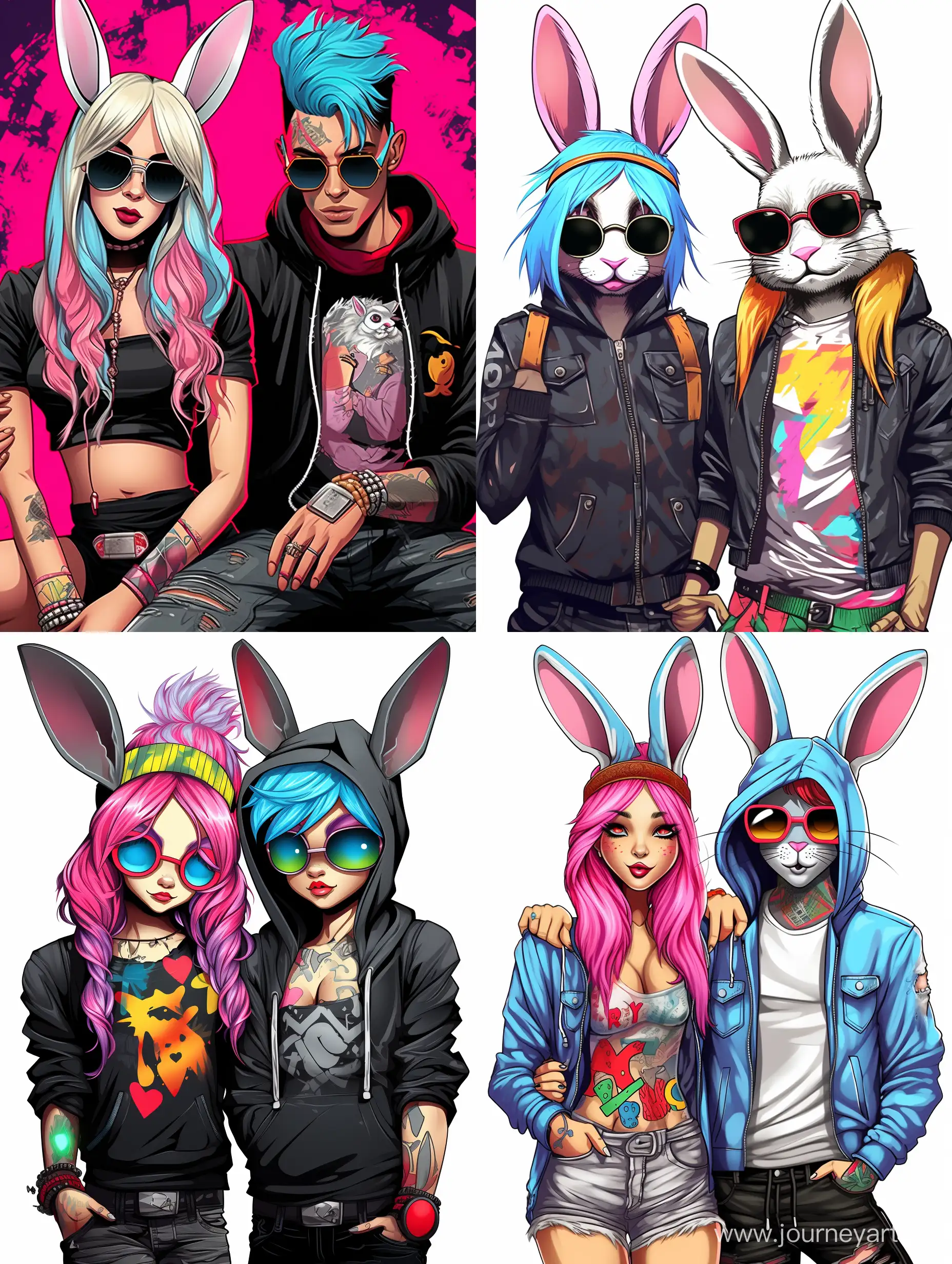 Trendy-Rabbits-with-RainbowColored-Hair-in-HipHop-Fashion