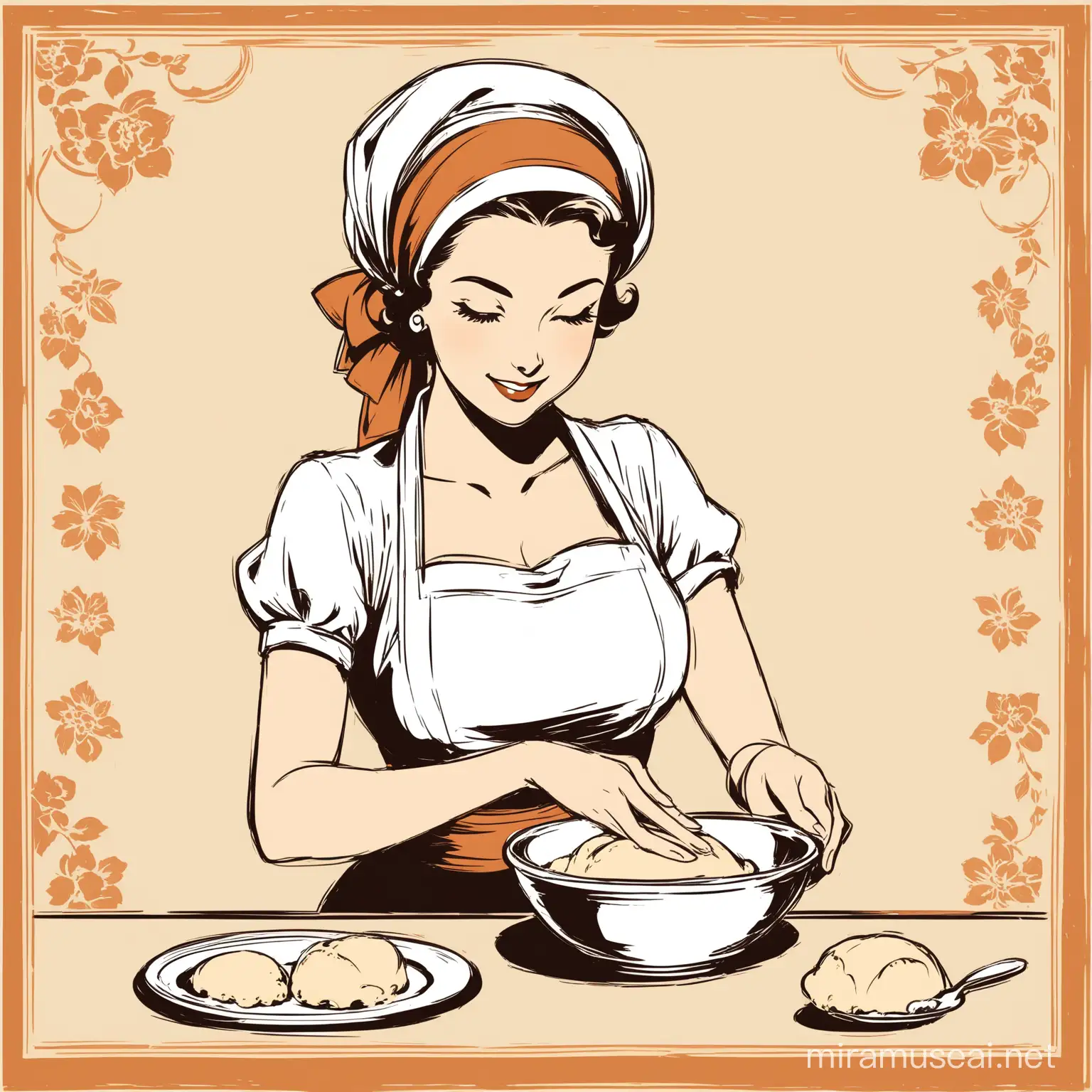 Vintage poster design, stencils, simple, minimalism, vector art,, Pinup style, Sketch drawing, flat, 2d, vintage style, Vintage lady is   happily kneading cake dough in a small bowl of dough, a head scarf Hollywood style