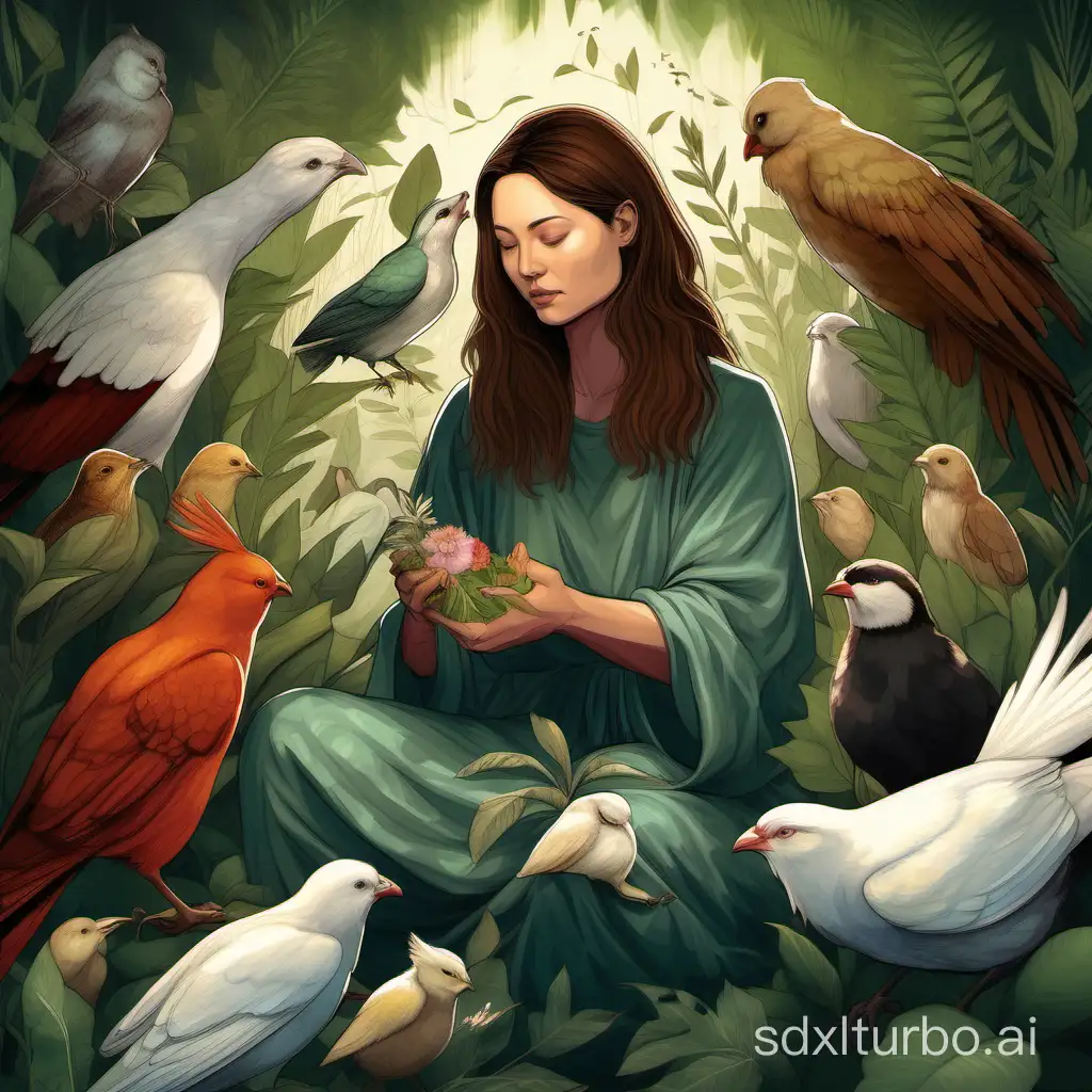 A digital painting of a woman depicted as a healer, surrounded by animals and plants flourishing in her presence. She is shown tending to a wounded bird with a gentle touch, embodying her nurturing and caring nature towards all living beings.
