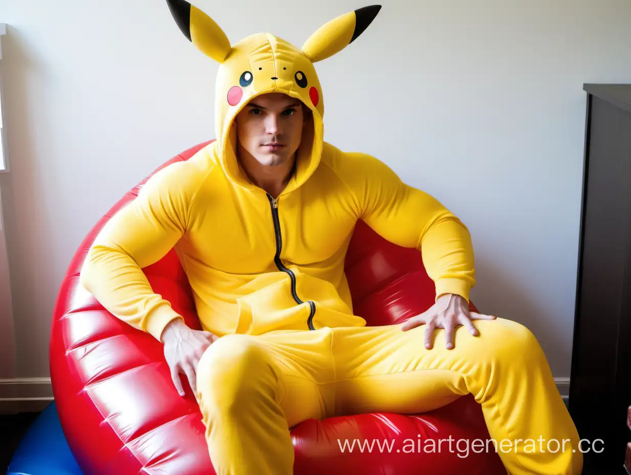 male in cute yellow pikachu onesie, muscular,Jay Brannan, solo,look at viewer,sit,inflatable chair, abs