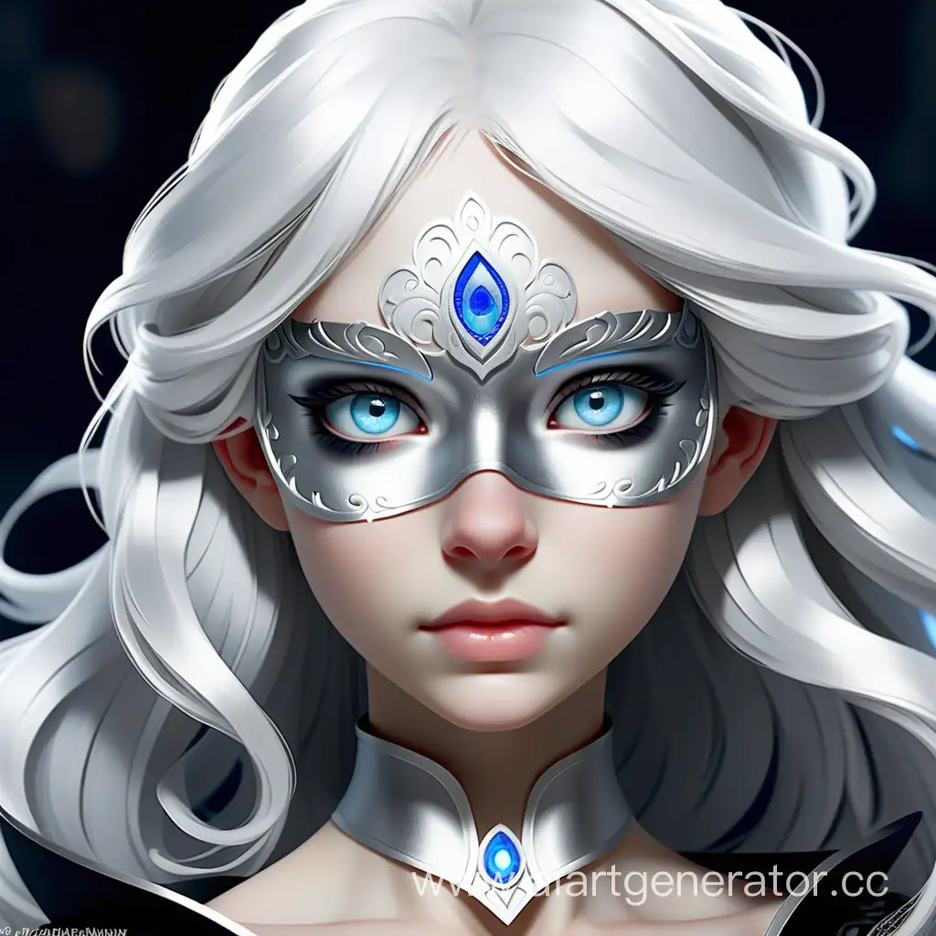 Девушка с белыми волосами, голубыми глазами, в серебряной полумаске