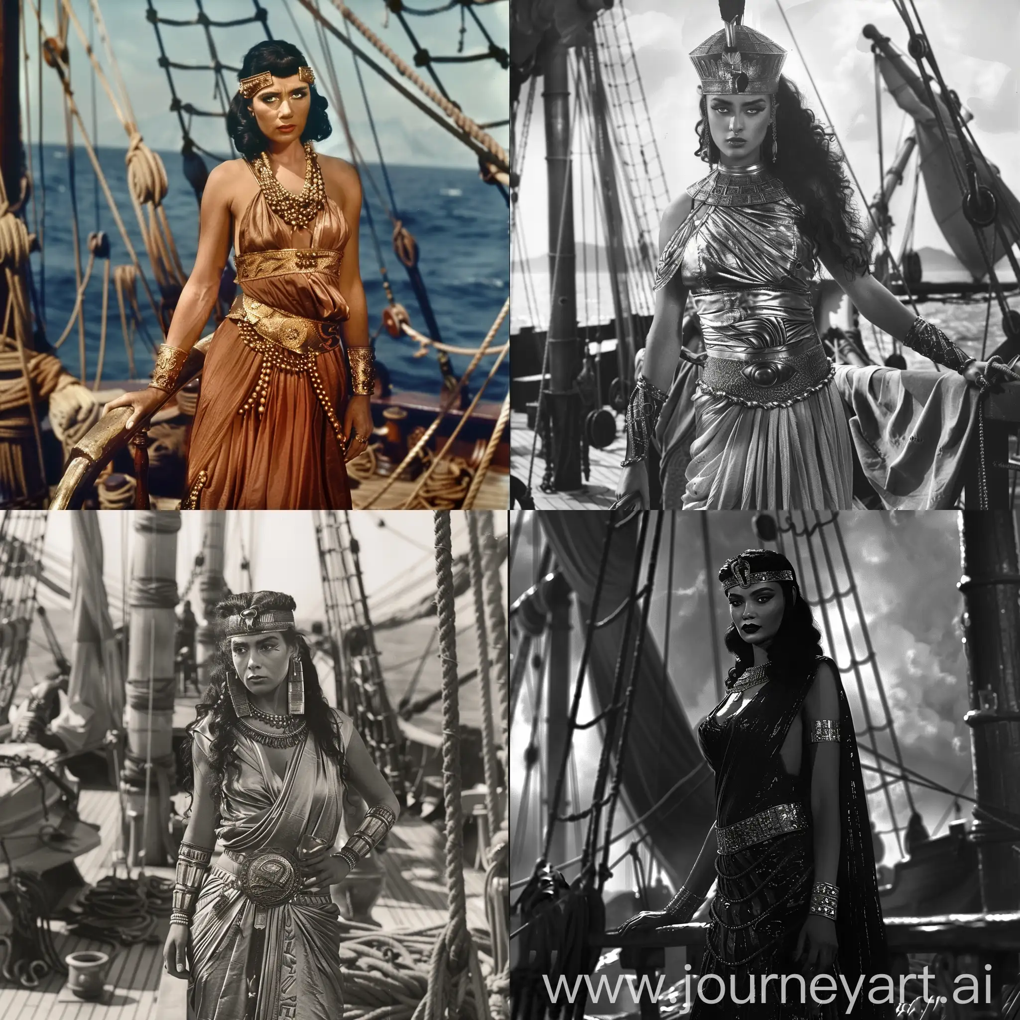 Cleopatra standing on a ship's deck, looking fierce