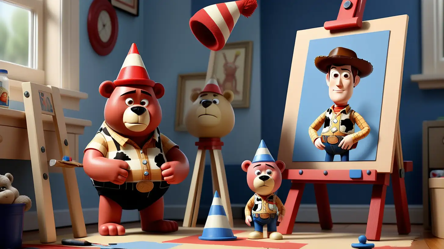 Create a Pixar-style 3D animation image, reflecting the whimsical and playful essence of 'Toy Story'. In a children's room,The image depicts three characters, one of which appears to be painting a portrait. We see two creatures resembling stuffed toy bears, one larger with a party hat and one smaller with a striped garment. Standing at an easel is a slender figure with blue and white stripes, long red and black checkered legs, and a fez-like hat. The character is adding finishing touches to a painting of a figure with a large beard. The setting is rustic and textured, suggesting an aged atmosphere.--ar 16:9 --s 500 --w 600 --style raw --v 6.0