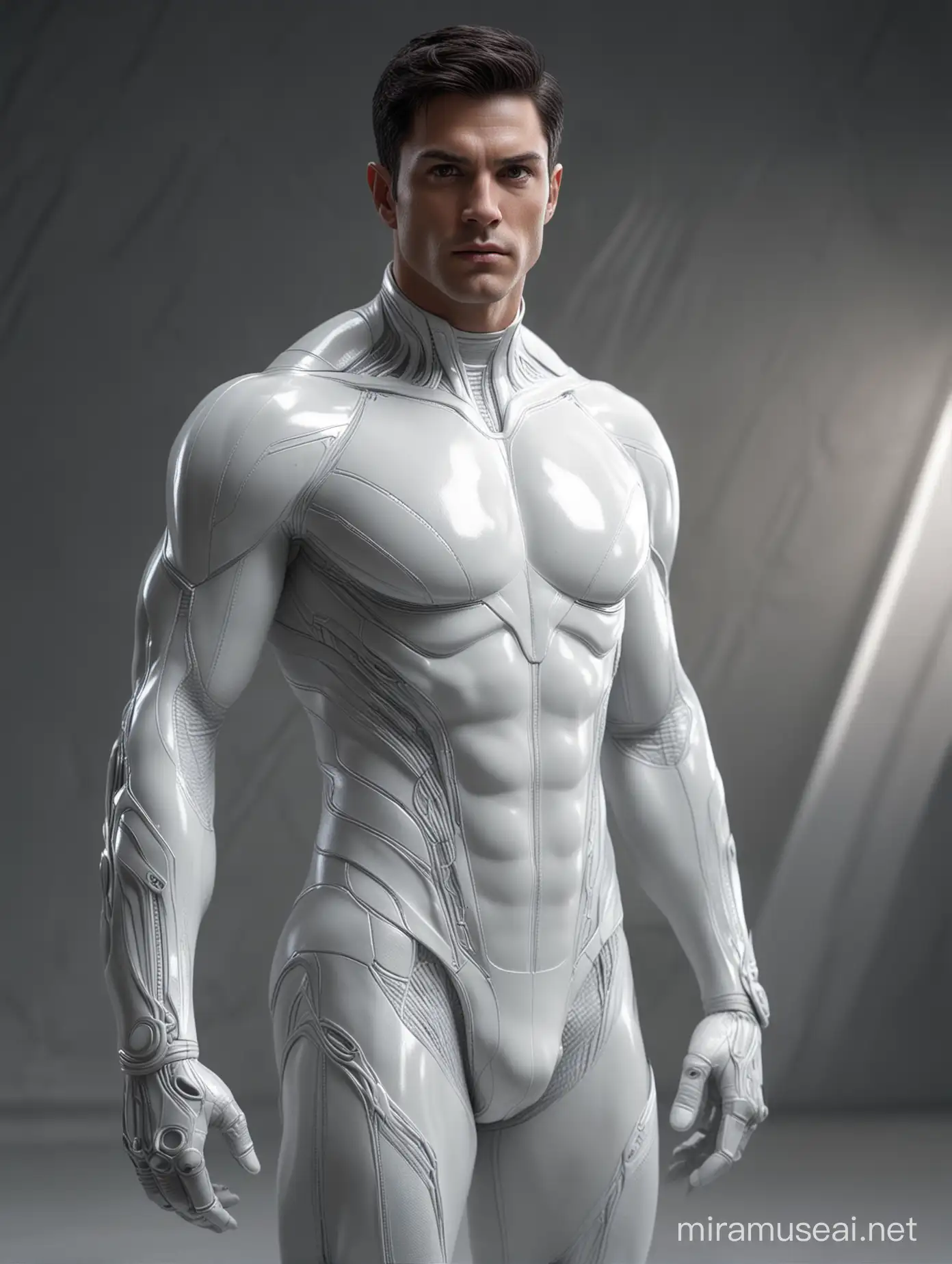 Full full body photorealistic An Alien handsome hunky masculine man from Krypton. Dark hair , Super Athletic body. translucent eyes and prominent cheekbones. Wearing a form-fitting white biomorphic bodysuit. Futuristic Kryptonian background. intricate details, beautifully shot, hyperrealistic, sharp focus, 64 megapixels, perfect composition, high contrast, cinematic, atmospherics cinematic 