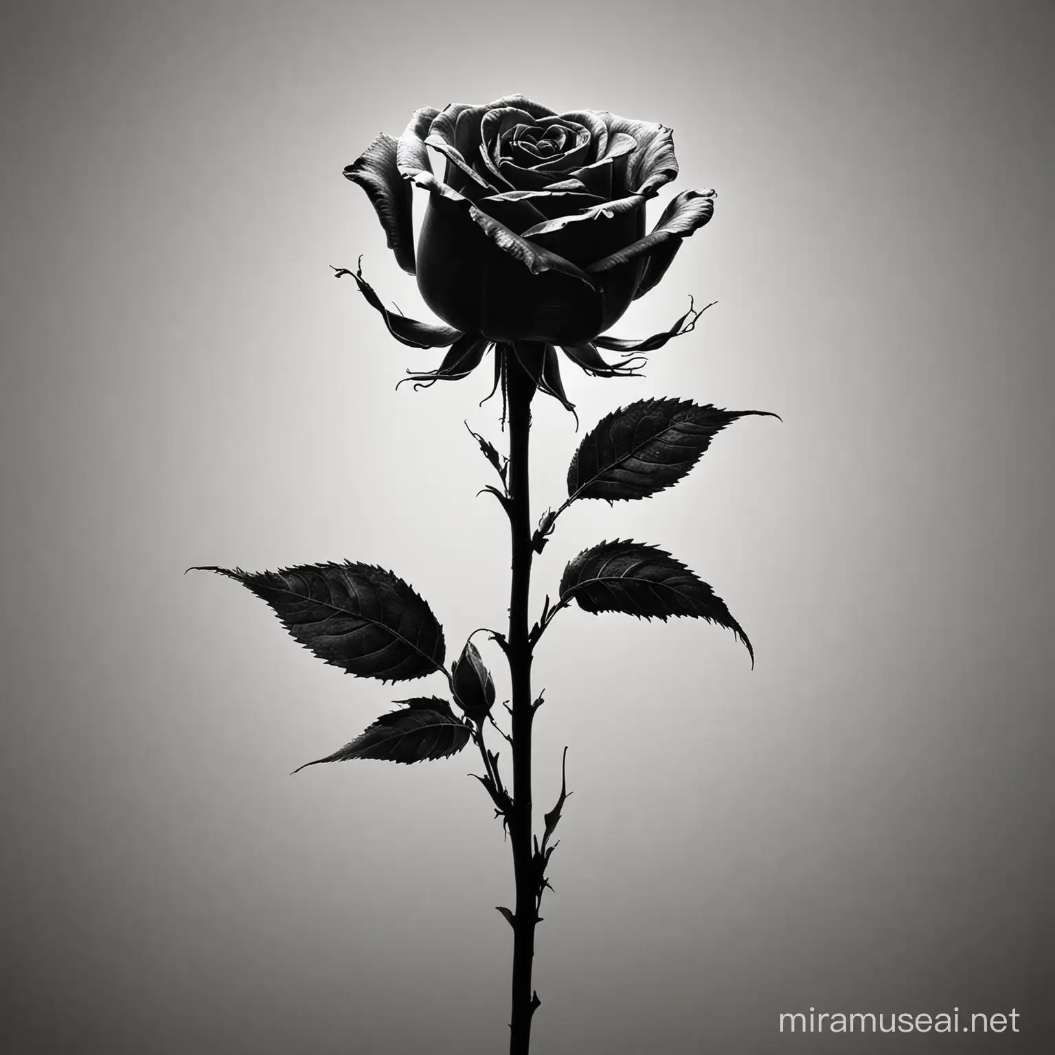 drawing of a single rose stem in black or silhouette 
