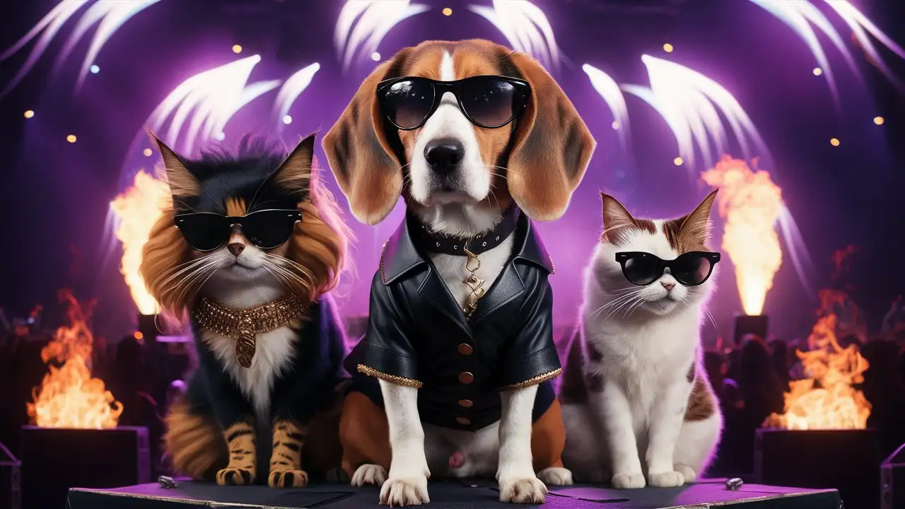 Rock Star Beagle Dog and Rocker Cats on Stage with Purple Lights