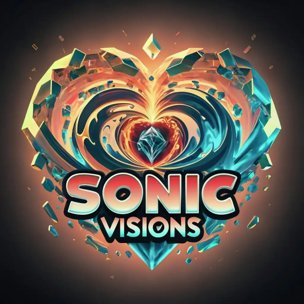 a logo design,with the text 'Sonic Visions', main symbol: fractured black hole hurricane diamond heart, psychedelic, shiny, checker pattern, sonic the hedgehog font, Minimalistic, to be used in Entertainment industry, transparent background