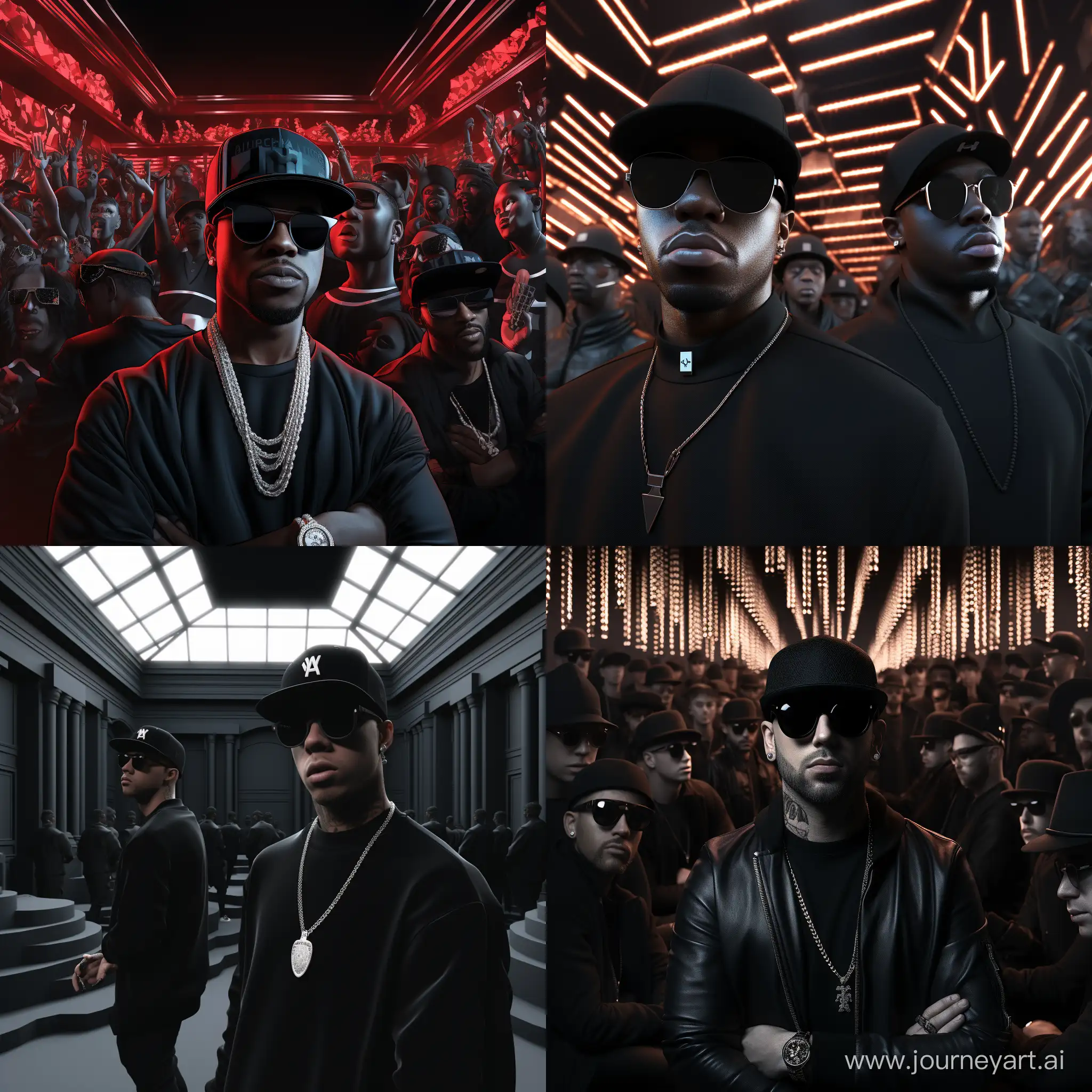 white rapper in black hats and sunglasses, one of them, and the other just wearing a hat, stand in front of the club, behind them is black style near the night club and all this in 3D