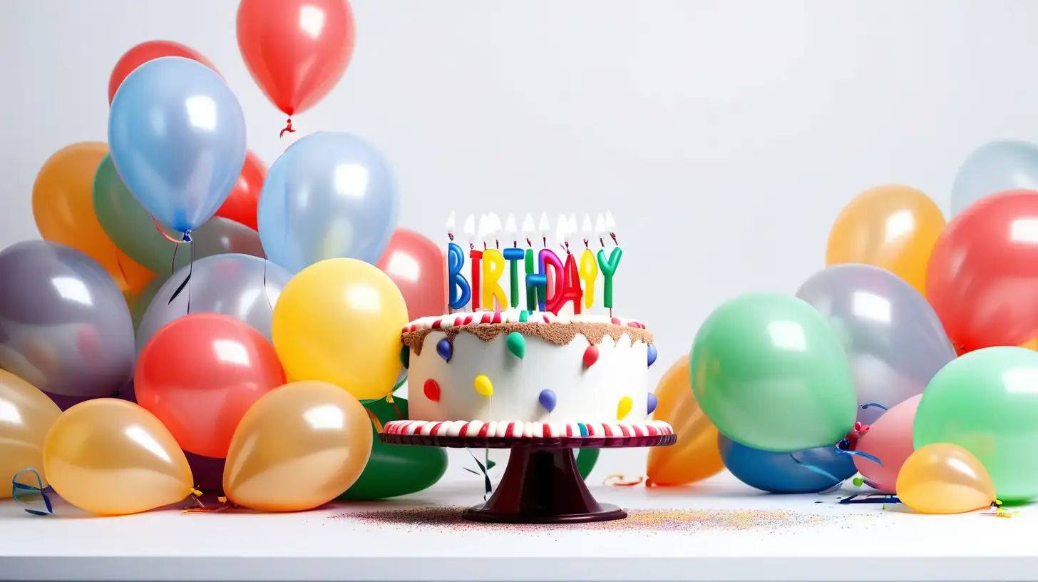 Celebratory Birthday Cake with Balloons on a Softly Lit White Background