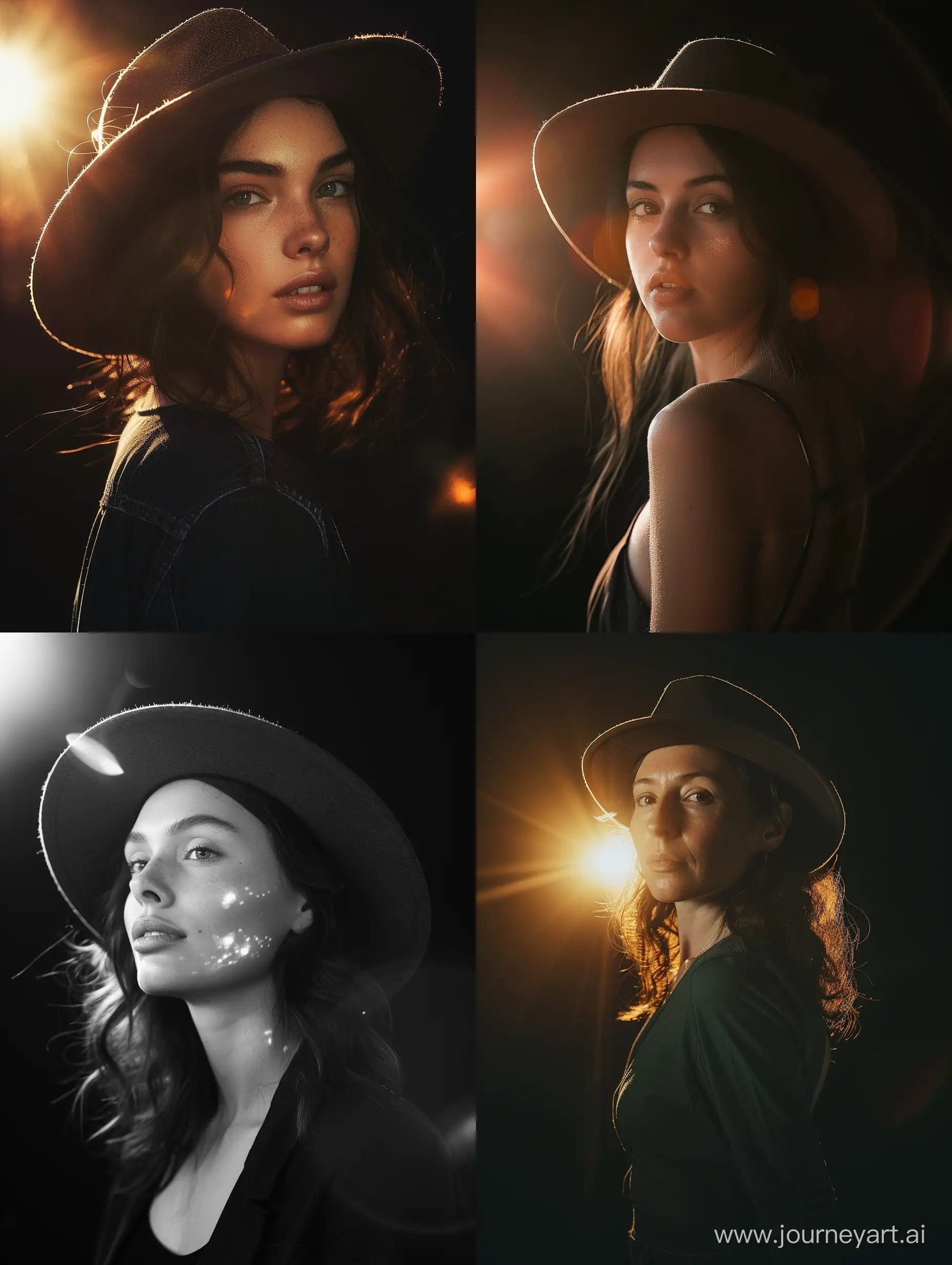 waist-length portrait of a woman with a hat, soft light, black background with a beautiful warm spot, backlight, glare in the eyes