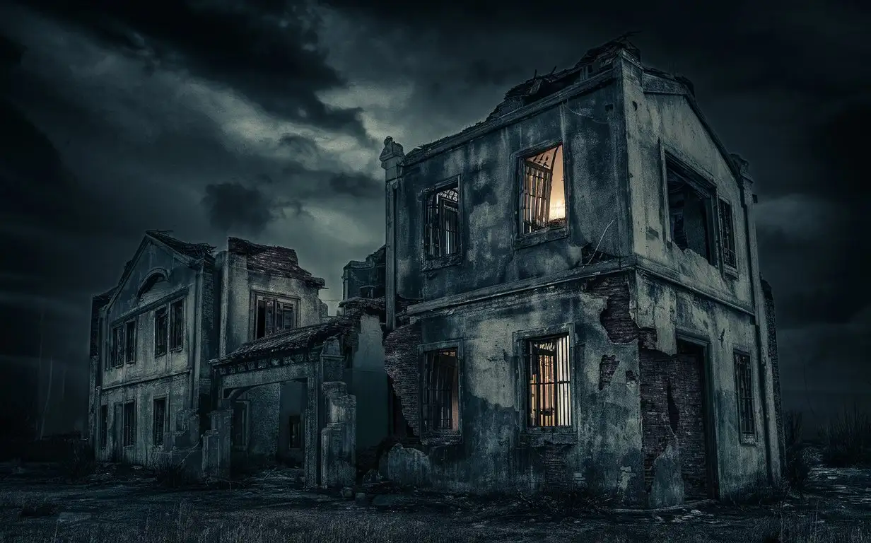 A dilapidated old building with broken windows in the dark, begging for Chinese style.