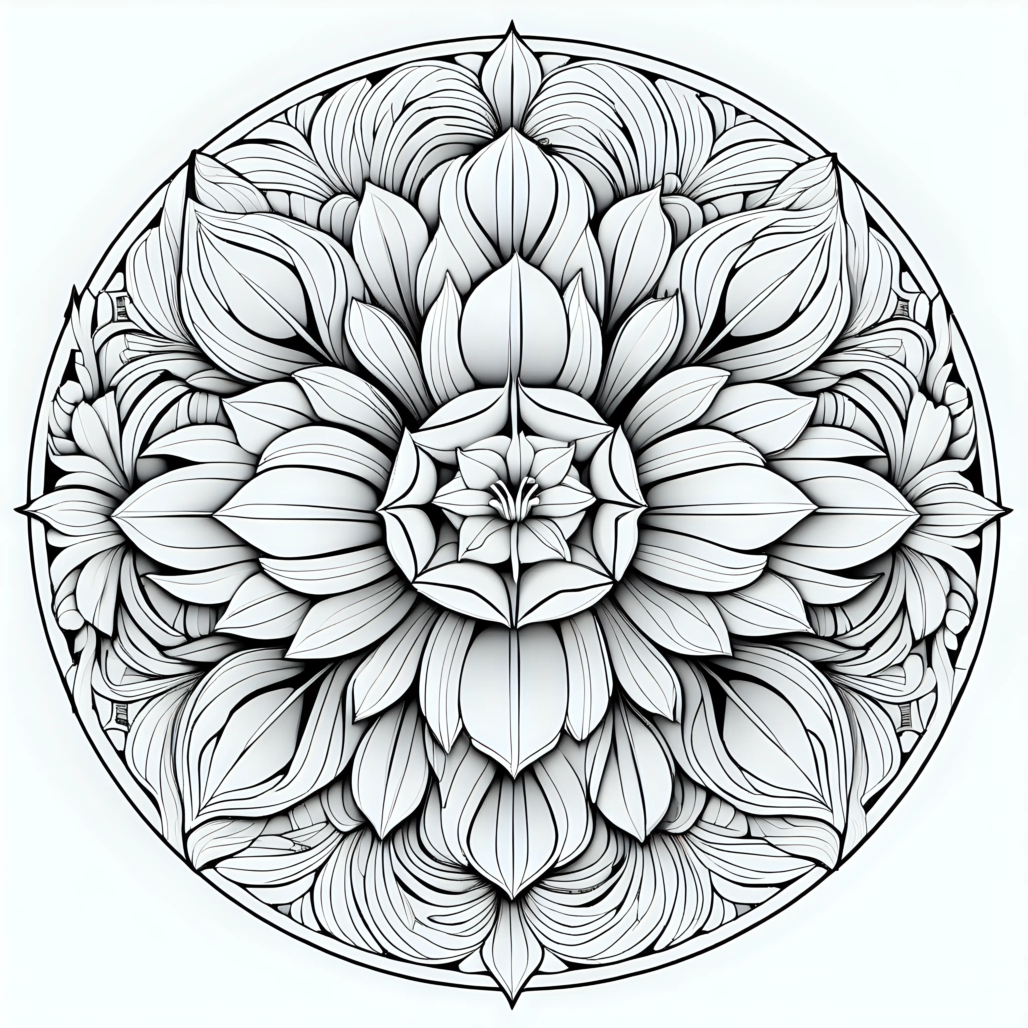 Coloring page with tulips in the center of a detailed and very defined 3d mandala on a white background, only black lines, no color