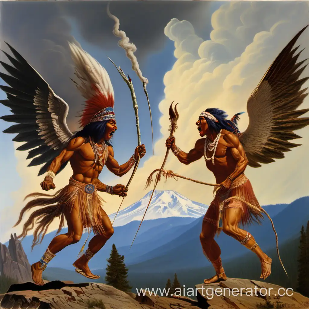 two indian spirits in furious battle  in the sky, between mt shasta and mt mazama in the background