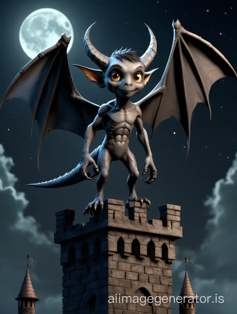 Nocturnal-Winged-Boy-on-Ancient-Tower-Mysterious-Gray-Creature-with-Horns-and-Claws
