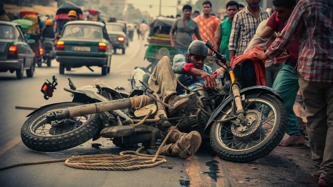 Create an image depicting a road accident in India, where a bike rider is trapped in a rope