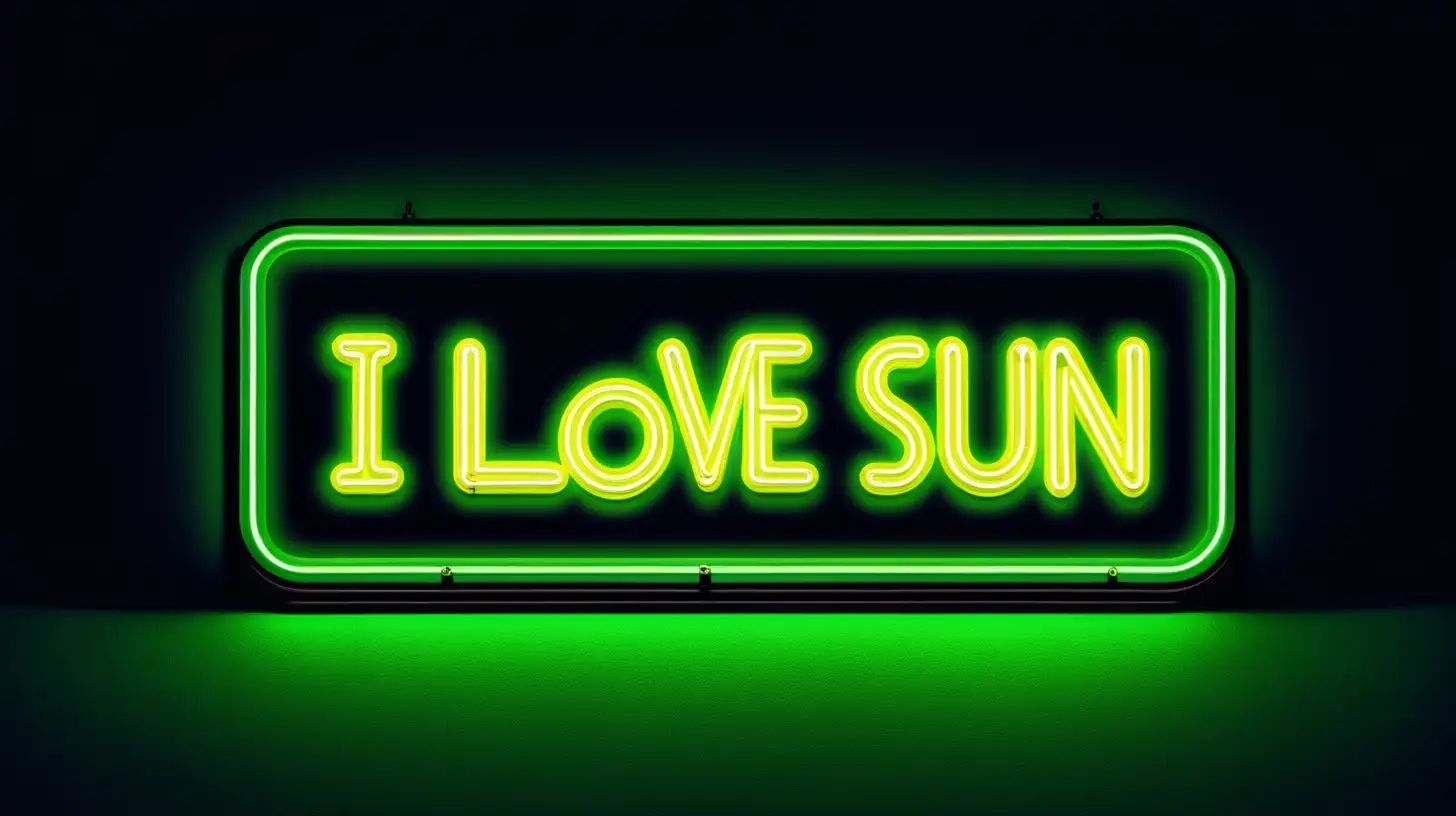 Imagine a neon sign in a green-yellow hue, shaped like a rectangle, featuring the text 'I love Sun' in a stylish font, with vibrant and intense lighting, dark background