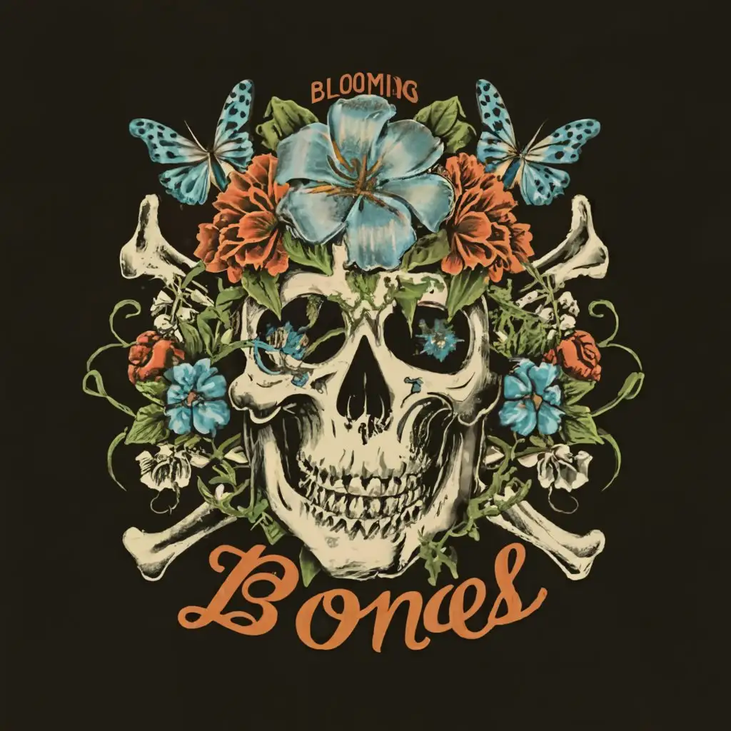 a logo design,with the text 'BLOOMING Bones', main symbol:bones with flowers and butterflies,complex,clear background