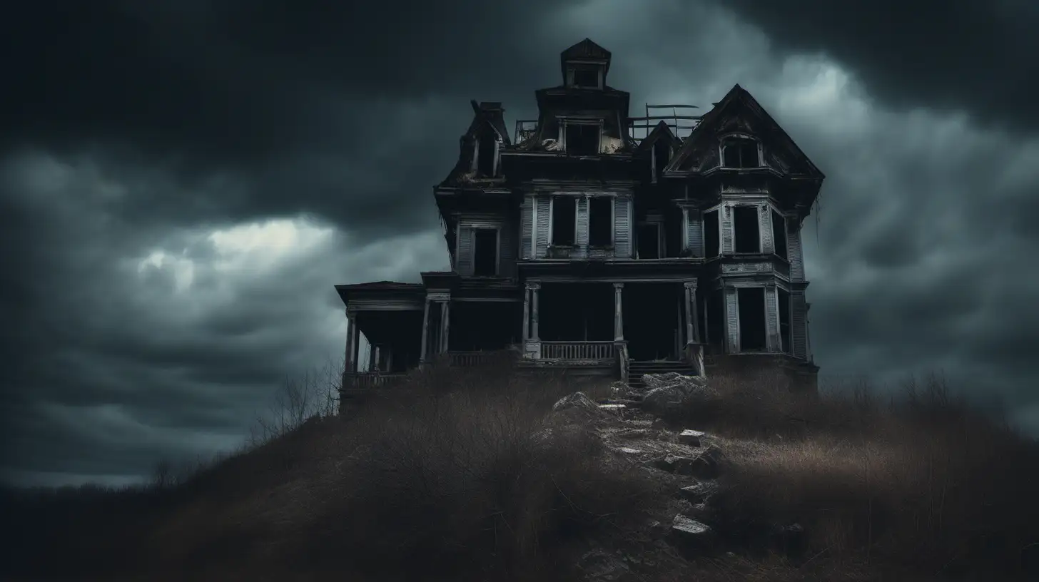 An abandoned haunted house on a rocky hill, dark cloudy sky, cinematic lighting, clear, photographic quality.