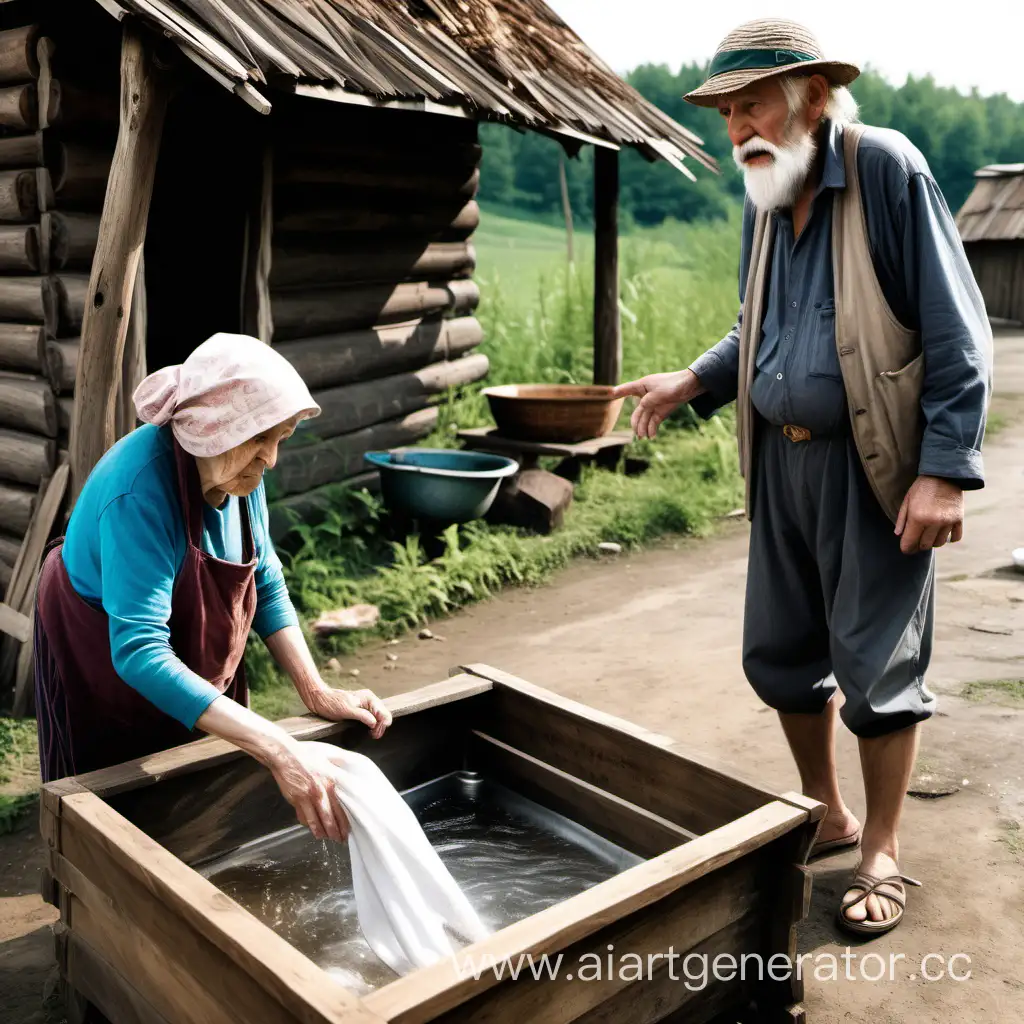 Elderly-Couple-Conversing-by-Wooden-Hut-Heartwarming-Scene-of-Aging-Love