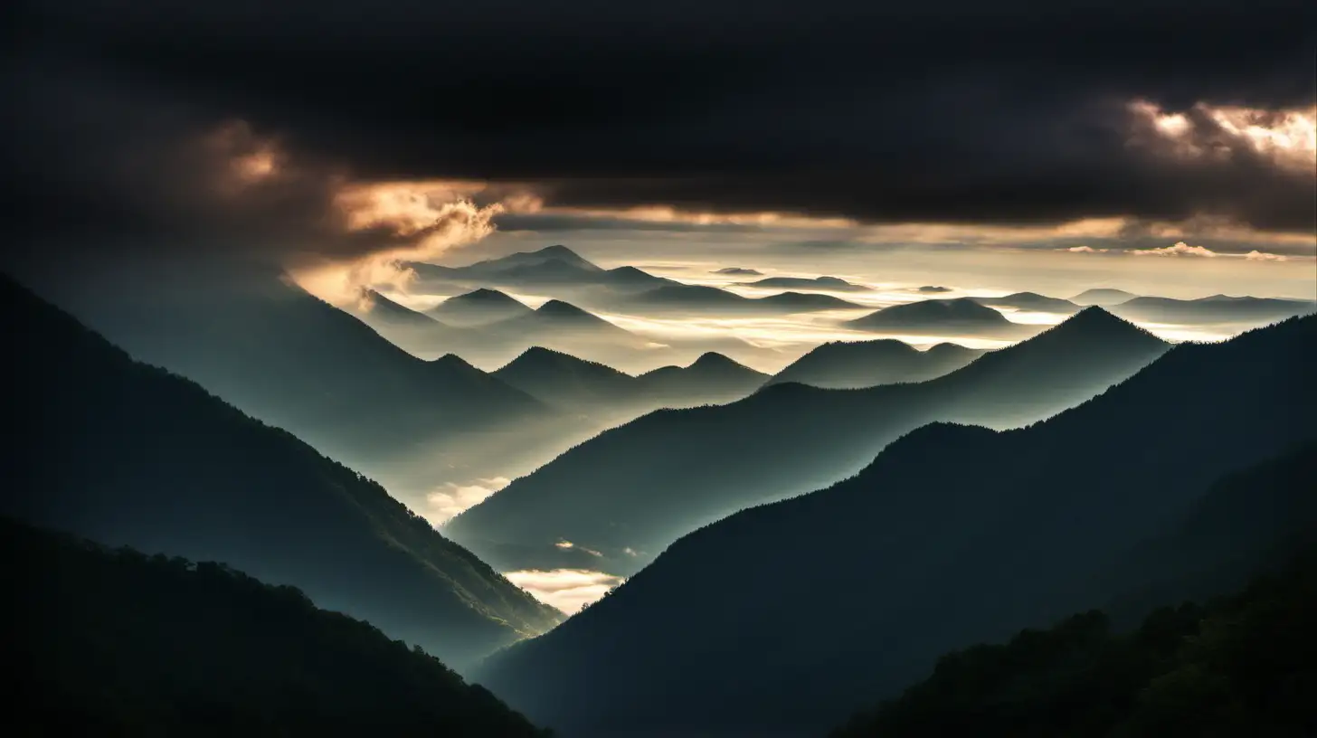 Majestic Mountain Range Under Ethereal Clouds Captivating Ambient Light Landscape