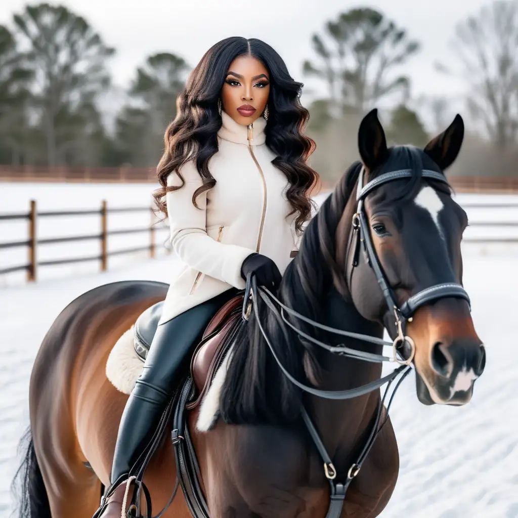 A realistic beautiful
Black woman wearing beautiful long body wave hairstyle,  boss babes, glam,  wearing luxury winter clothes, riding beautiful horses at a luxury beautiful horse ranch in the winter time