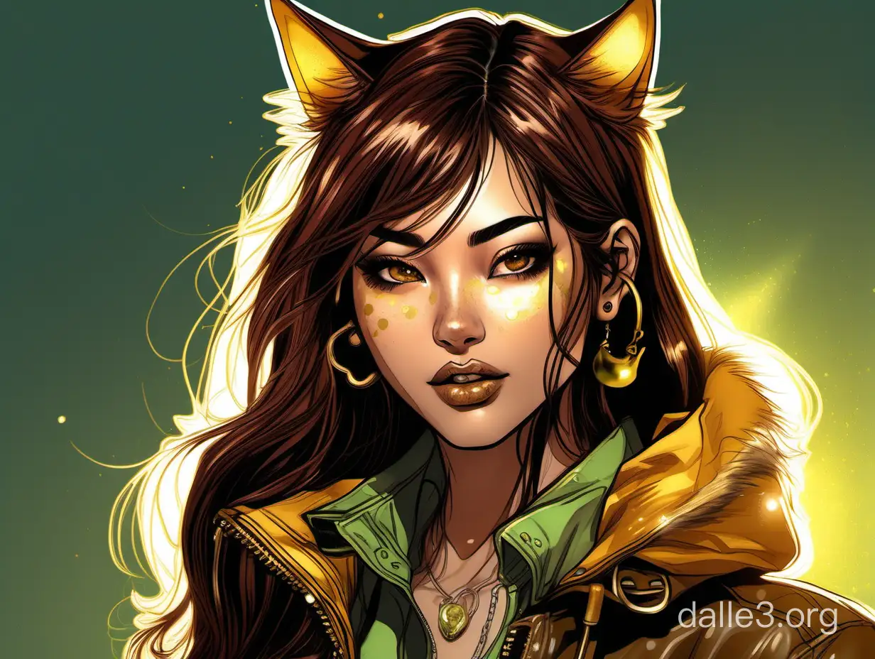 A stunning color sketch, a candid portrait of a beautiful semi-Asian bad girl with long tousled brunette hair, brown eyes, golden freckled skin, brown cat ears, gold piercings, peridot jewelry, brown leather jacket and collar with a golden bell biting her." A lower lip with a fanged smile in a sunlit setting. Dark fantasy romantic semi-realistic comic style. Volumetric and dynamic lighting. Hyperdotal photorealistic hyperrealistic maximalist masterpiece.