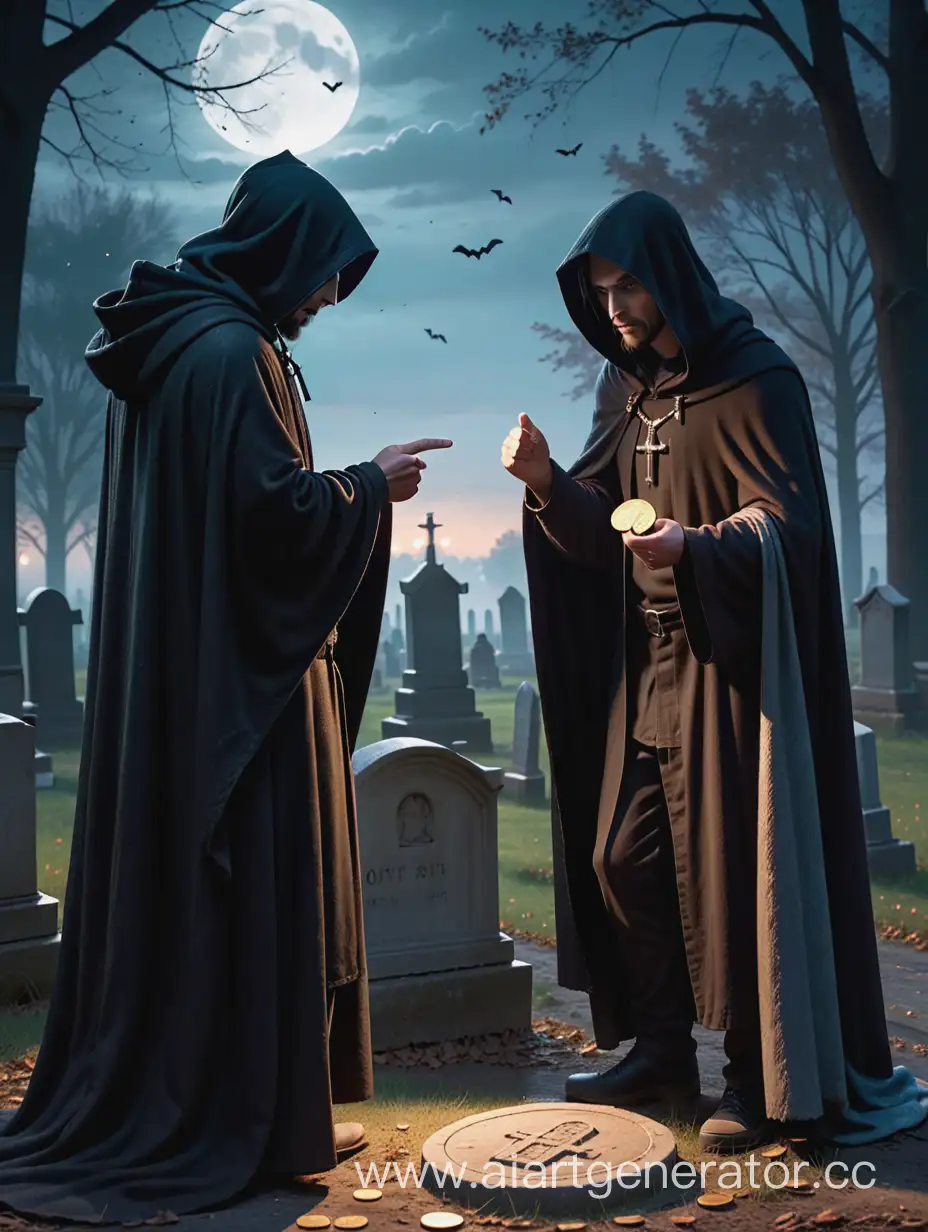 Cloaked-Thieves-Arguing-Over-Coin-at-Old-Cemetery