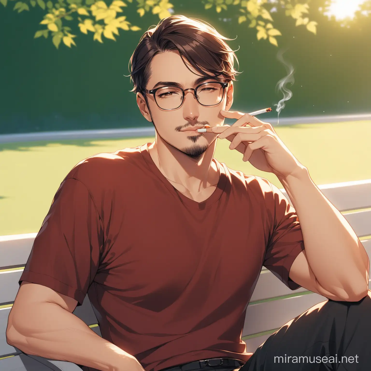 seorang pria berkacamata duduk santai sambil pegang rokok