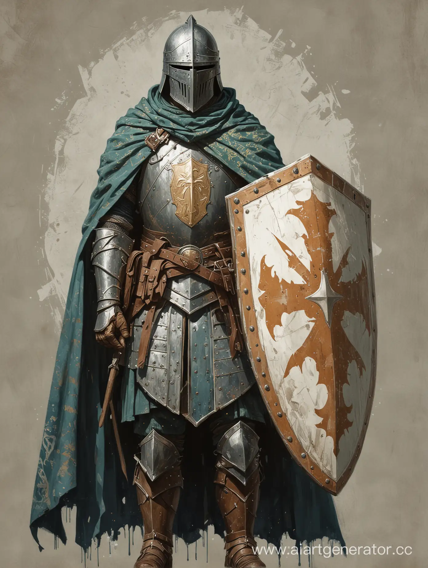 drawing of a knight with shield and cloak, in the style of adventure pulp, dark white and bronze, mottled, yup'ik art, heavy use of palette knives, light indigo and green, 1970