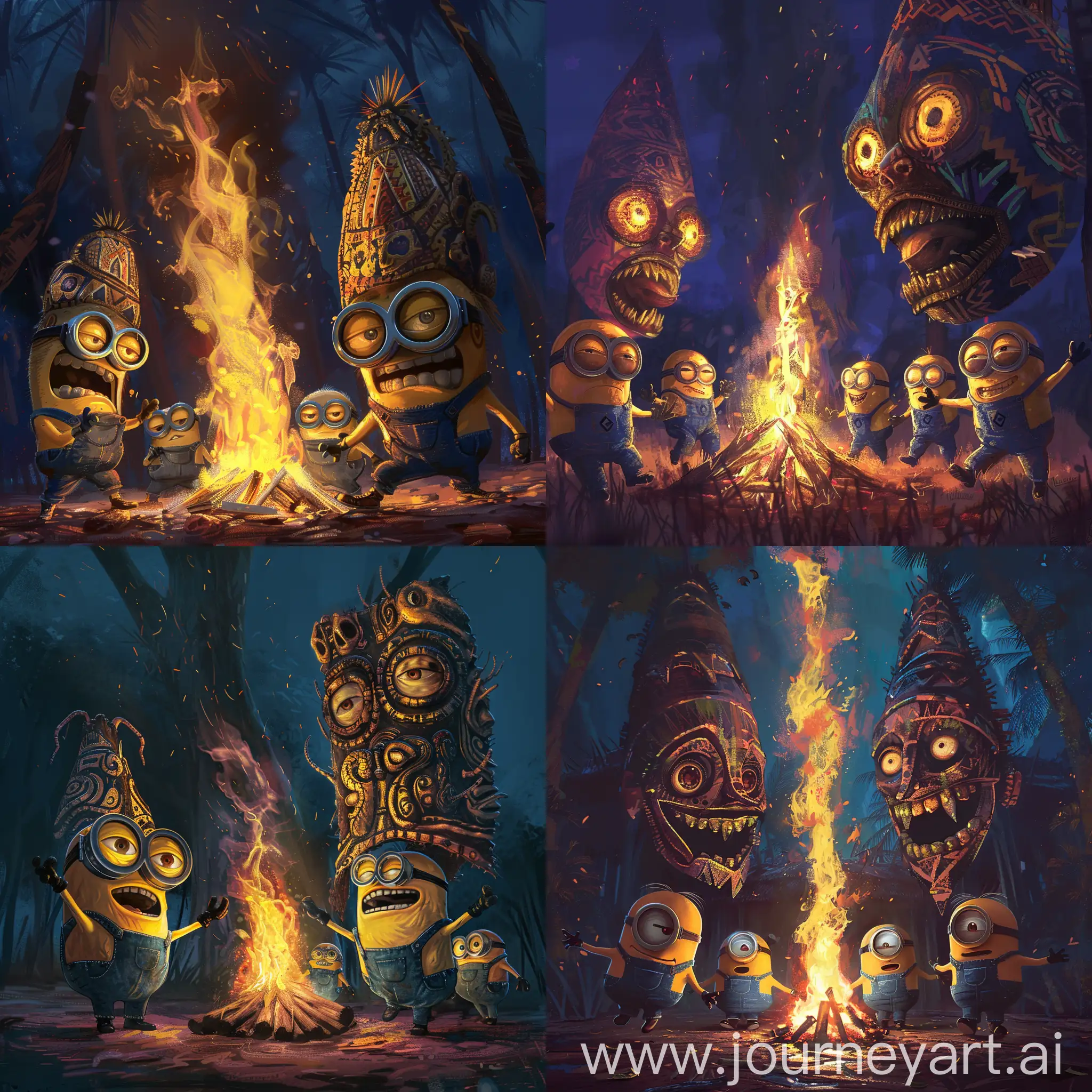 Anime artwork featuring a group of Minions dancing around a bonfire in the dark of night. The Minions are dressed in large grotesque and mysterious African masks that completely hide their faces. The masks are depicted with great attention to detail, with unique patterns and textures that create an effect of mystery and fear. The bonfire is tall and bright, the flames dance and flicker, creating an effect of movement and life. The style of the image should be dark and mysterious, using vibrant colors and sharp outlines. The technique should be executed in a digital style, using modern tools and software to create a high-quality image. The focus should be on the grotesque and mysterious masks, conveying the atmosphere of mystery and fear of a dark African night. Anime style, key visual, vibrant, studio anime, highly detailed. 