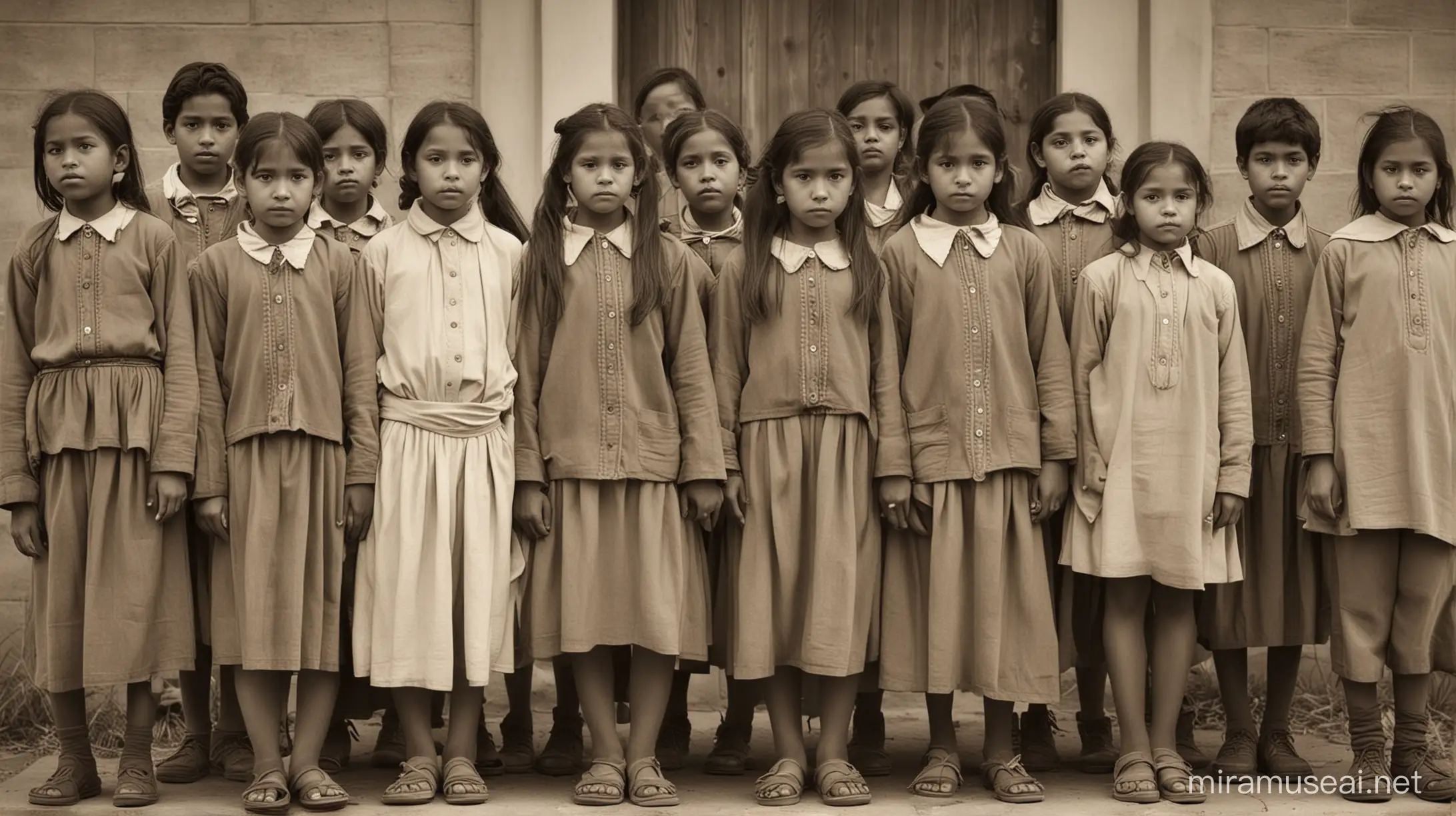 Create an image depicting a group of children standing in front of a boarding school, their faces solemn as they are led away from their families, while teachers impose Western clothing and forbid them from speaking their native languages, highlighting the loss of innocence and cultural suppression. (Paragraph 6)