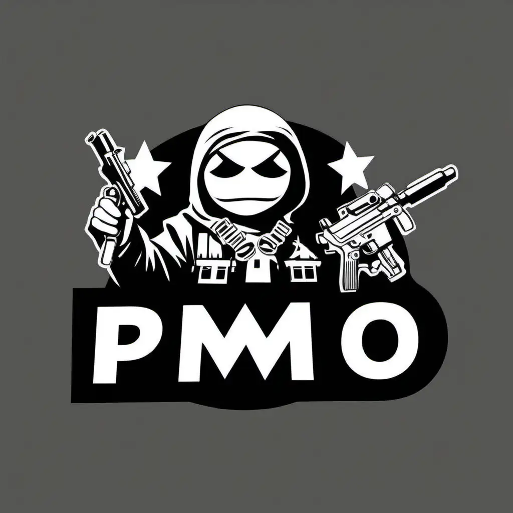 Black and white Stencil of evil toys holding a sign that reads PMO, logo, in the style of Banksy, minimalist, simplicity, vector art, isolated on black background -v 5
