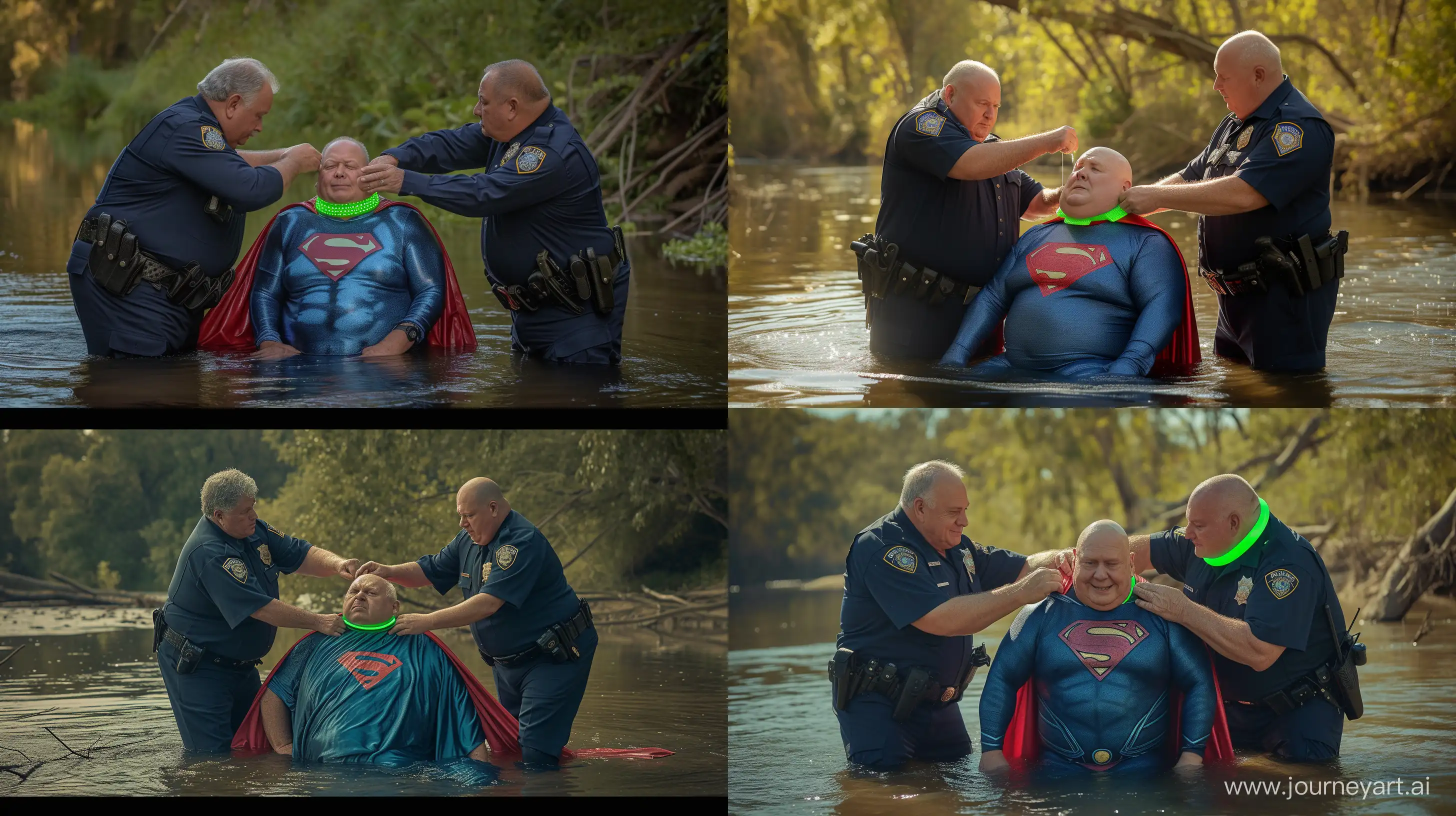 Photo of two chubby men aged 70 wearing a silky navy police uniform. They are tightening a green shiny neon collar on the nape of a chubby man aged 70 wearing a silky tight blue superman soft costume with a big thick red cape sitting in the water. River. Natural Light. --ar 16:9 --style raw