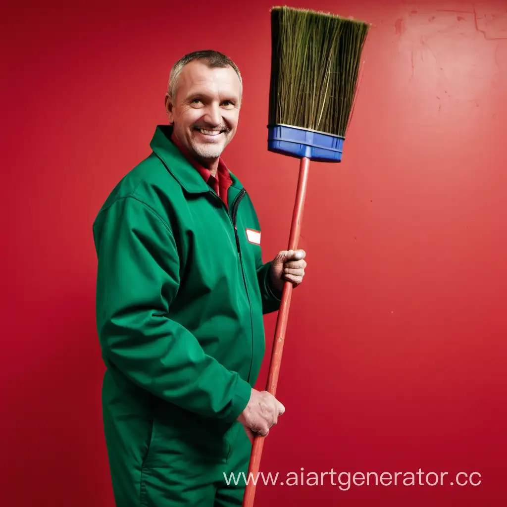 Friendly-Janitor-in-Green-Jacket-Poses-by-Vibrant-Red-Wall