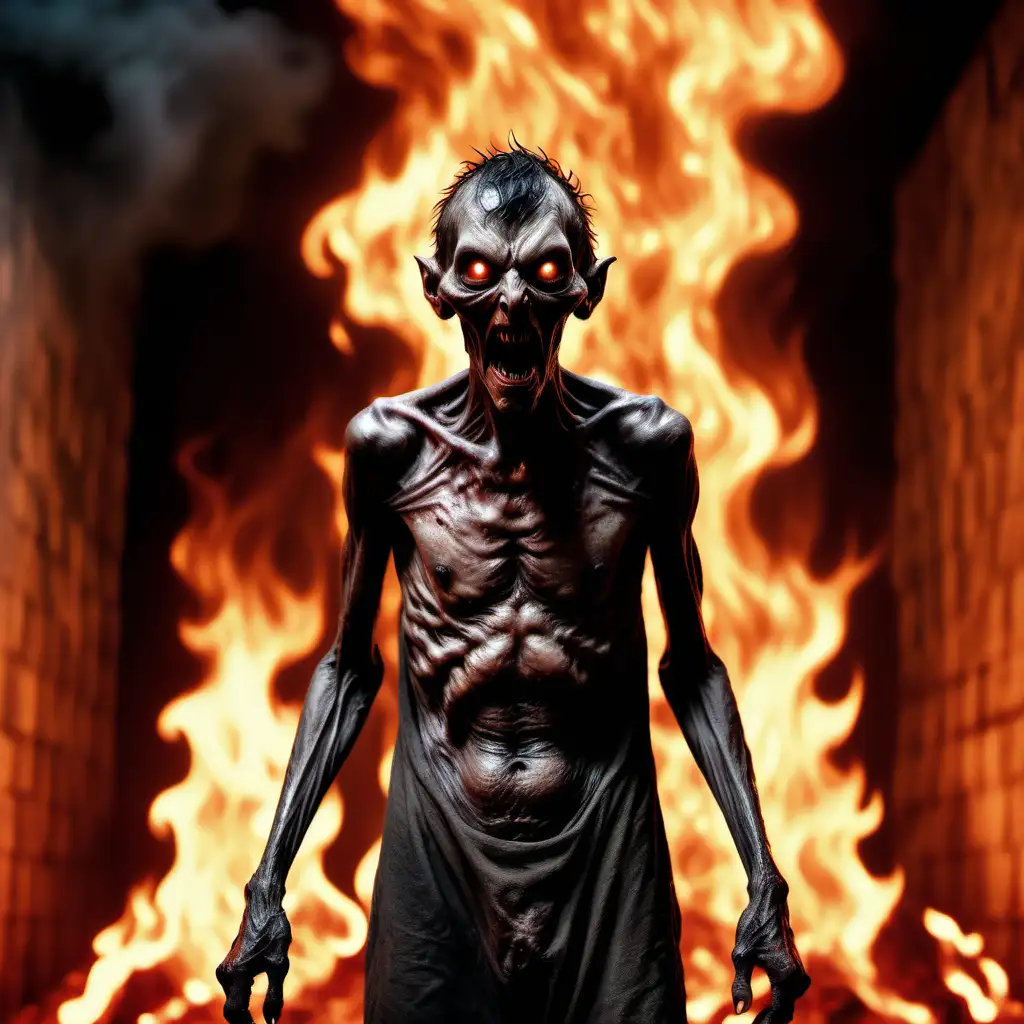 real photo with An individual escaped from hell, the person has no hands and is extremely thin. In the background, the flames of hell are visible. The eyes are large and gleaming, the mouth is small and toothless. There are no ears, and the person looks very frightened