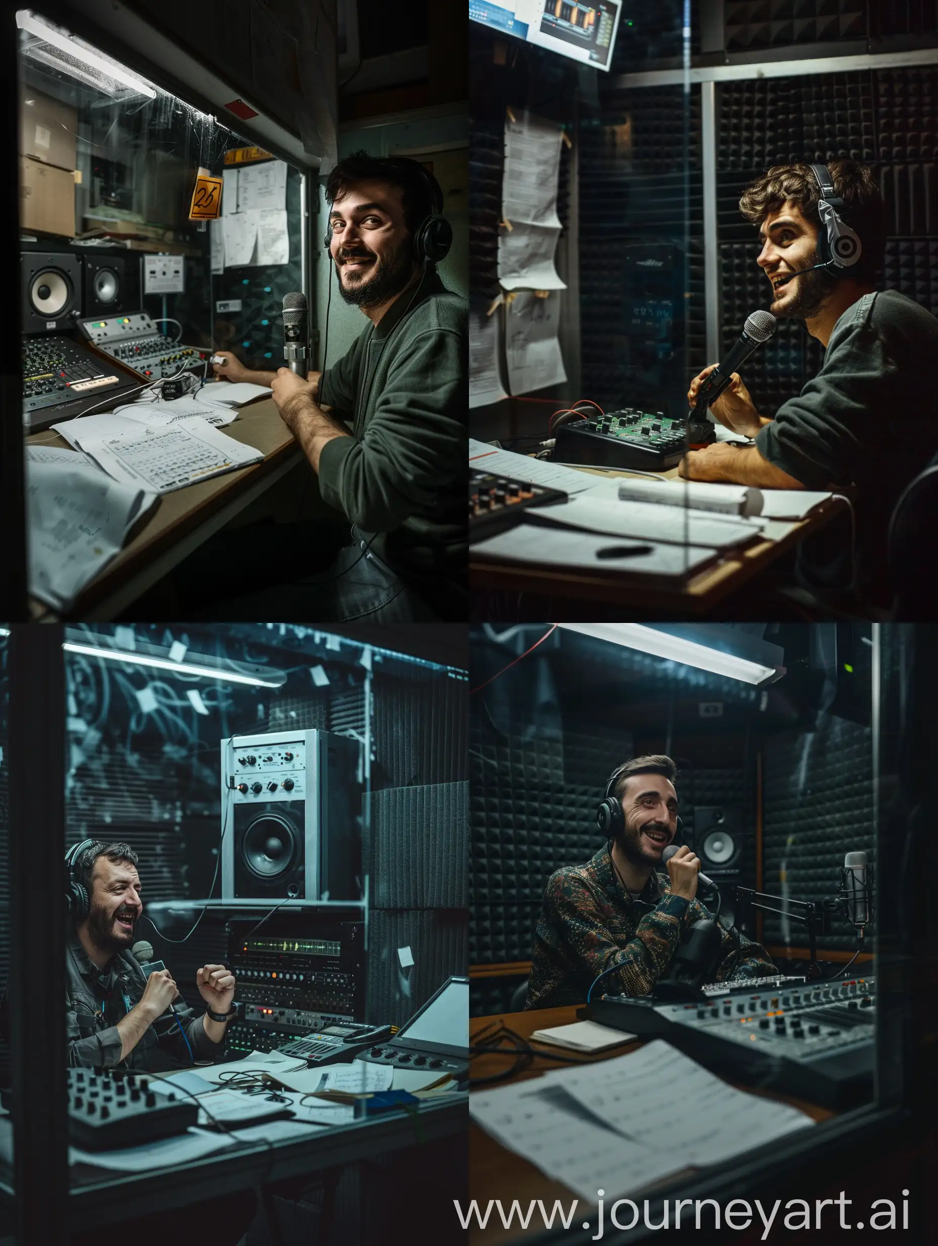 Low side frontal close-up with dark atmosphere of 26 year old male Italian radio speaker speaking into microphone, in his small radio broadcast room. The room is very small and empty and the walls are covered in sound-absorbing material. The speaker has an amused face, is wearing a pair of headphones and has his arms resting on the table. Next to him there are some sheets of notes and a small audio mixer. In front of him there is a large glass window that divides the room from the control room. The speaker has an amused face and looks sideways towards the camera. The photo is in color