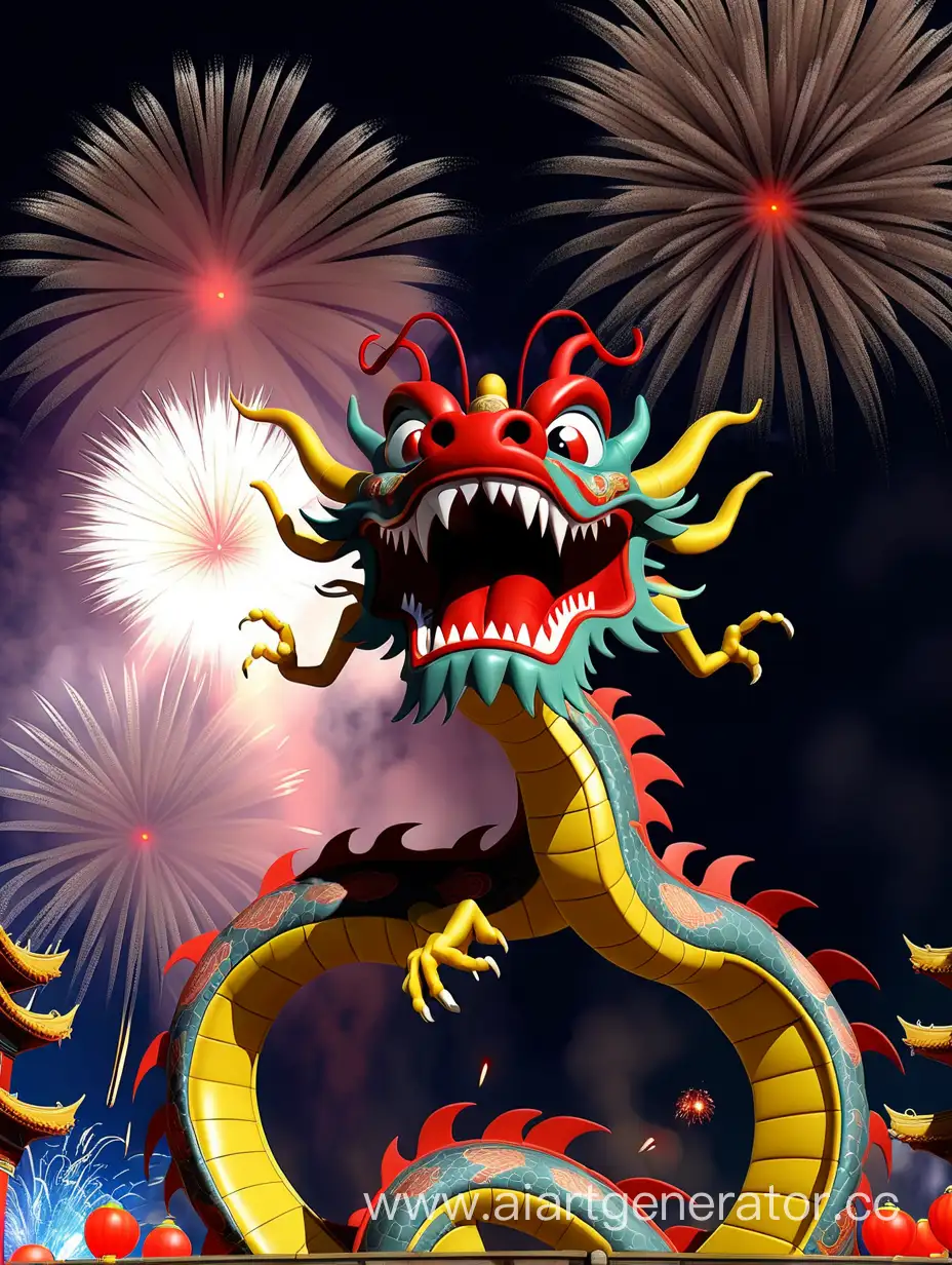 A Chinese dragon flies among the fireworks