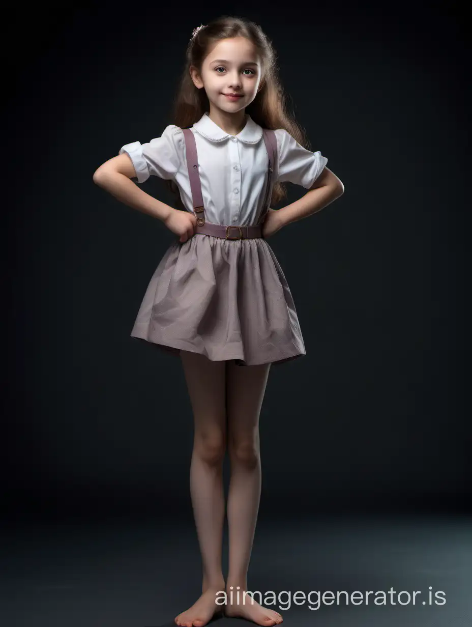 The girl stands in an elegant pose, one hand on her hip, the other slightly raised upwards, one leg extended backward with a bend at the knee, looking graceful and attractive. A person without any unusual features. A person with five fingers on each hand. A person without any unusual features. This 10-year-old girl has a slender body with graceful proportions. She has a round head with soft facial features. Her round eyes, hazel in color, radiate joy and curiosity. Her small nose is slightly upturned, giving her a friendly look. She has full, gentle lips that are often adorned with a cheerful smile. This girl's hair is long and thick, dark chestnut in color. It cascades down her back in soft waves, creating an elegant look. Her hair also has a natural shine and softness., 8K UHD, full body in image, The girl stands in an elegant pose, one hand on her hip, the other slightly raised upwards, one leg extended backward with a bend at the knee, looking graceful and attractive. A person without any unusual features. A person with five fingers on each hand. A person without any unusual features.