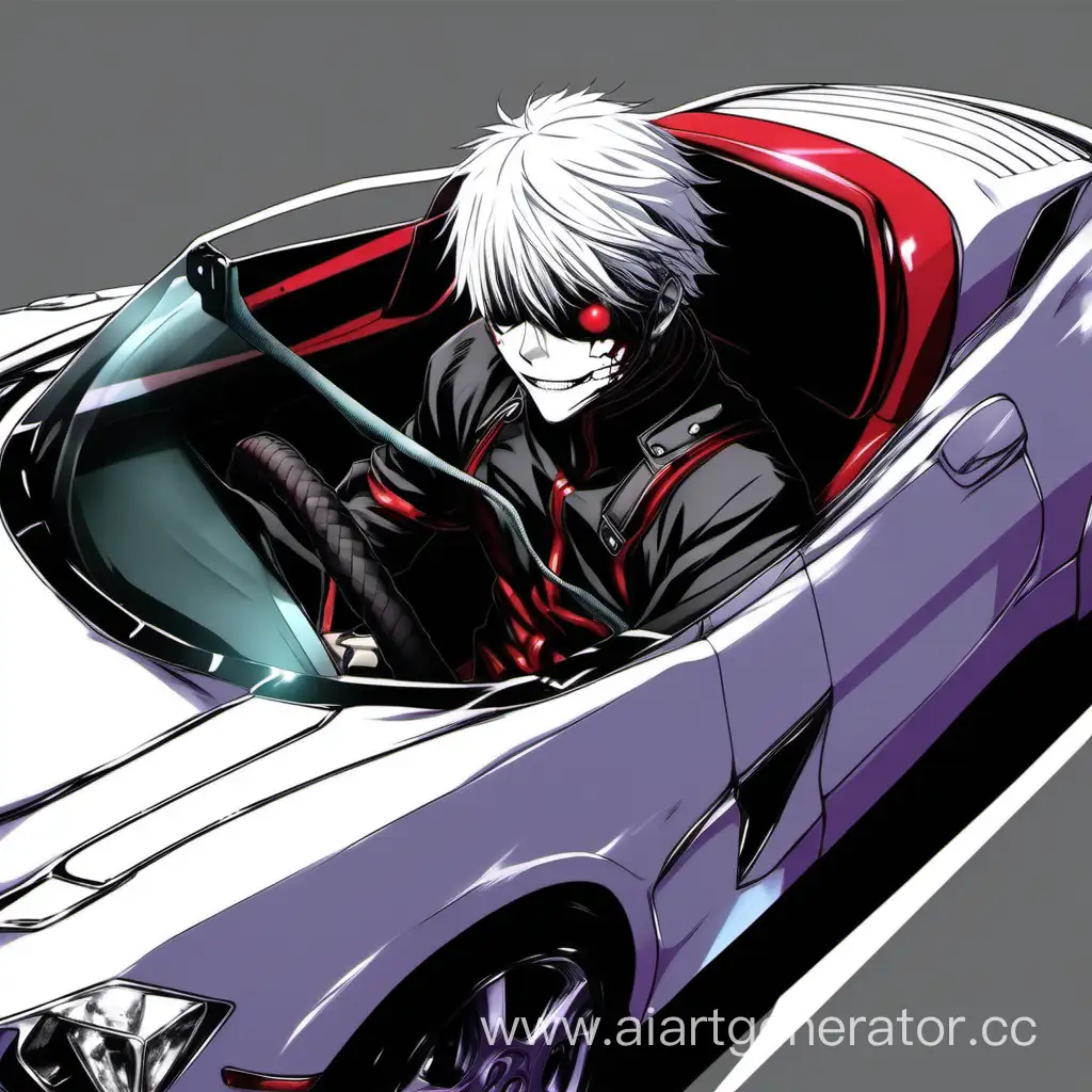 Канеки Кен из аниме Токийский гуль катается на спорткаре