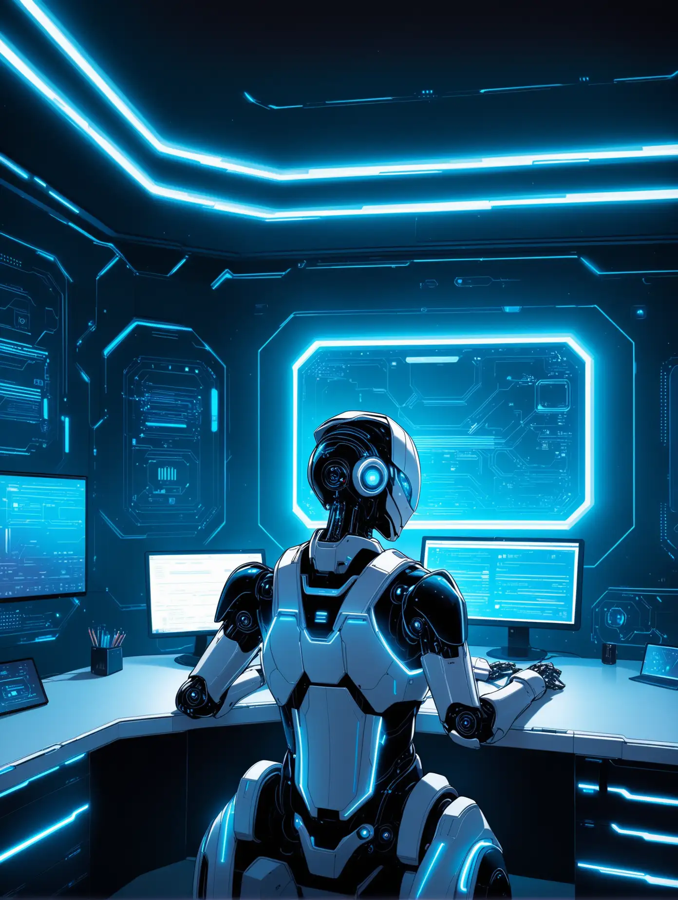 AI robot sat at his desk , in his bedroom 
His bedroom has cool futuristic, high tech aesthetic, and blue LED lights 
He's looking to the side facing the camera 
he's gesturig  like he's explaining something 