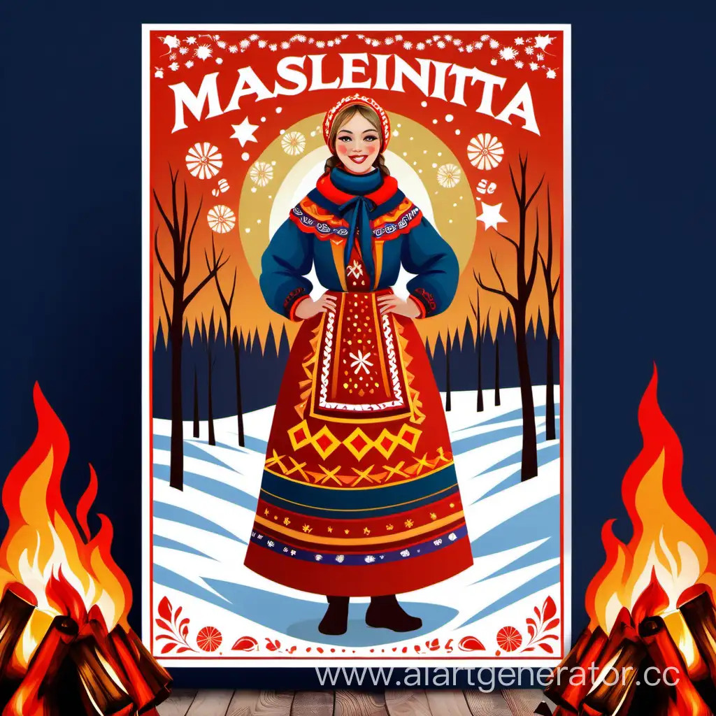 постер к празднованию масленицы, изображена девушка в народном костюме во весь рост, на фоне торжество, костер