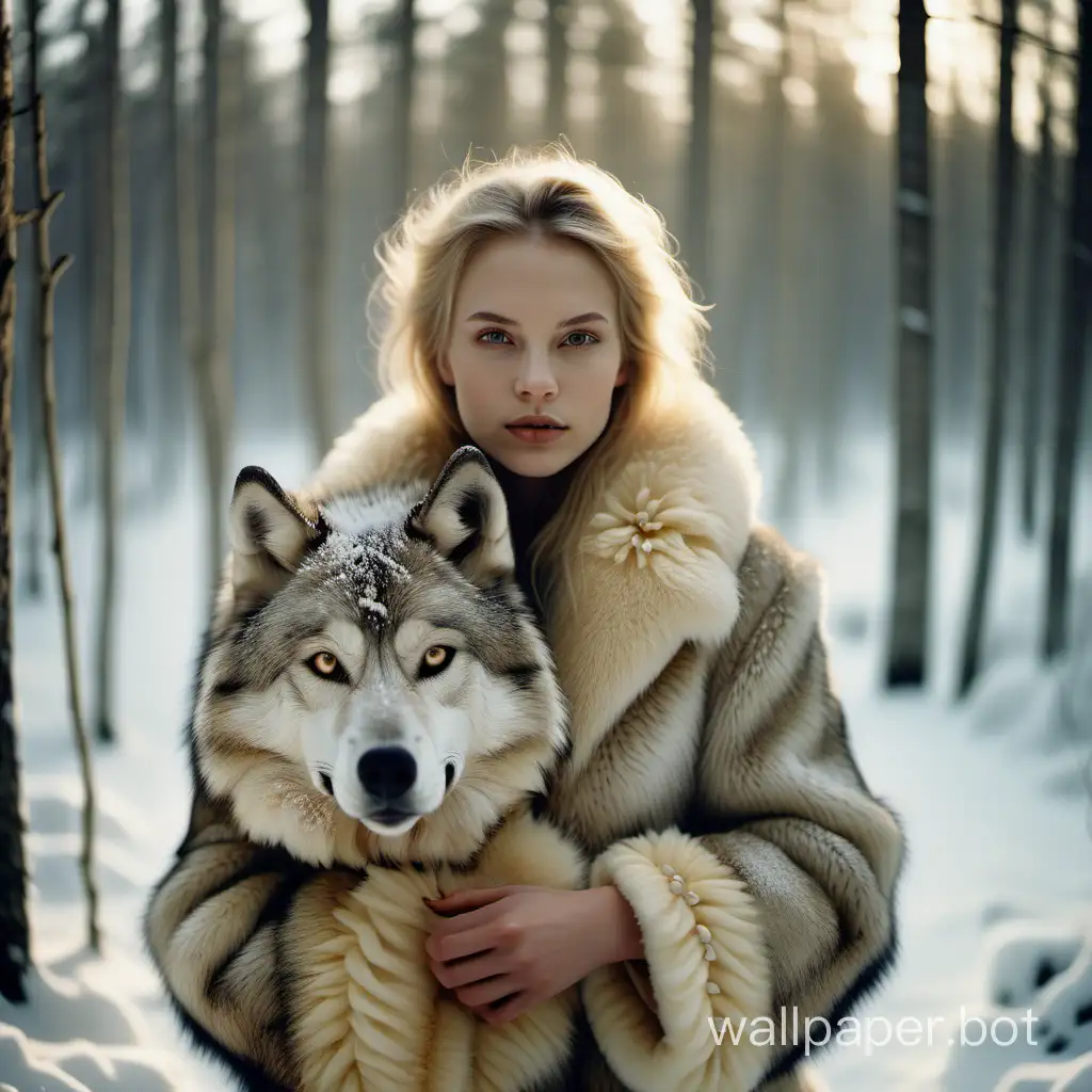 portrait of young Swedish female model in mystical snowy forest, clear facial features, emotive eyes, wearing fur coat, holding a majestic wolf, golden hour, cinematic, 35mm lens, f/1.8 , shot on Agfa vista --s200 --c50