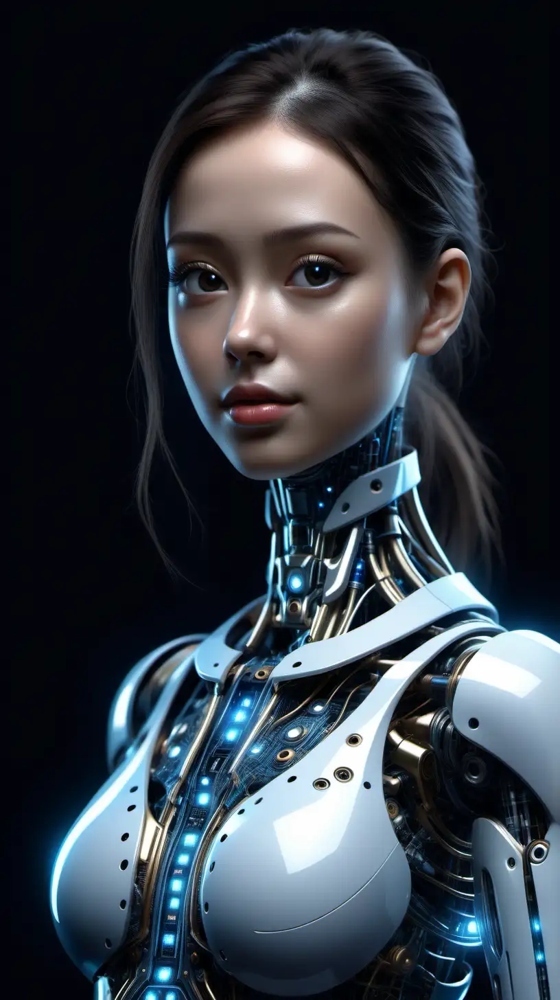 Show me the perfect representation of AI in human form, beautiful female, ultra-realisitic, 8k 3d, dark background, standing straight on, super cute