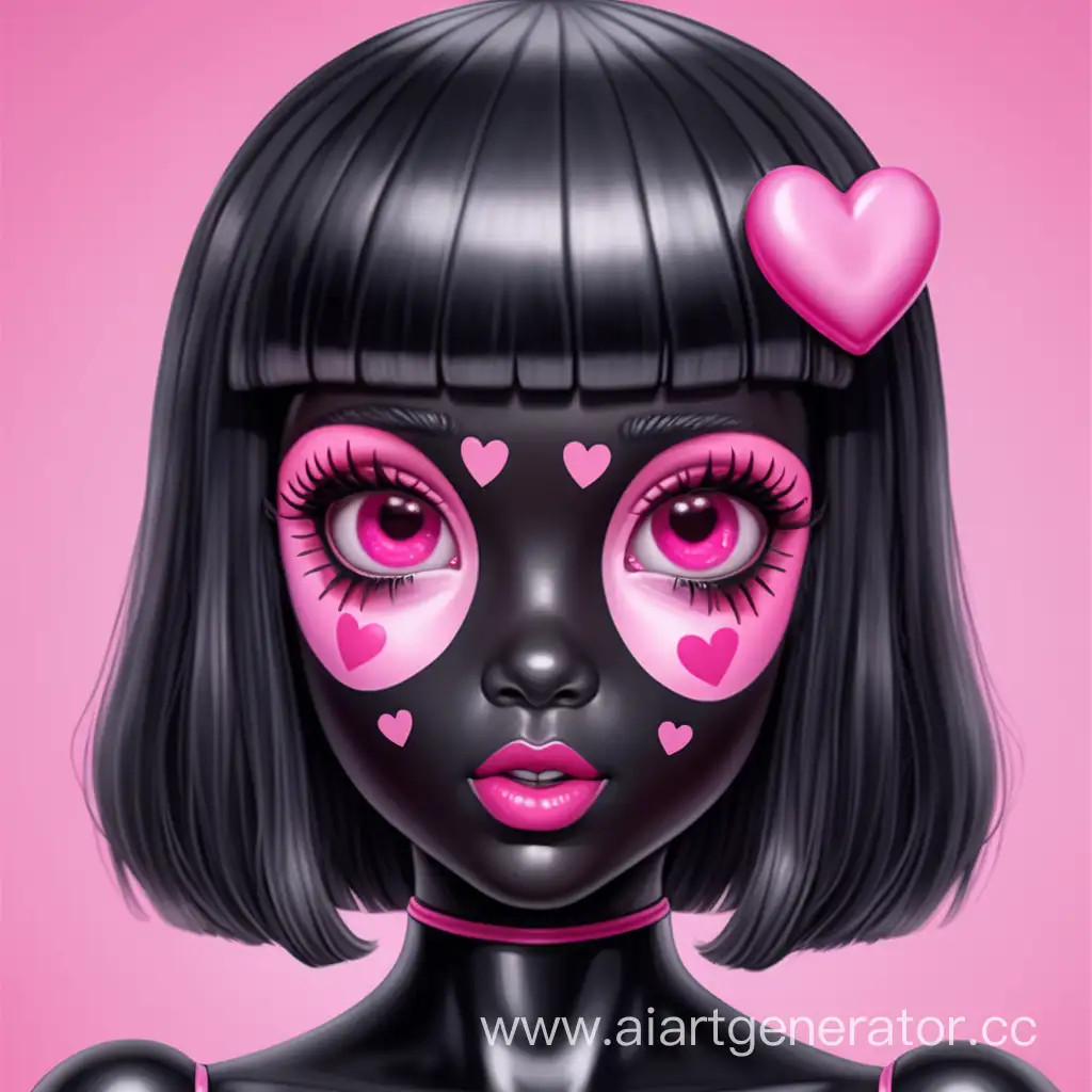Латексная девушка с черной латексной кожей с черным латексным лицом в розовом резиновом парике с розовыми сердечками на щеках. Изображение сделать в милой стилистике
